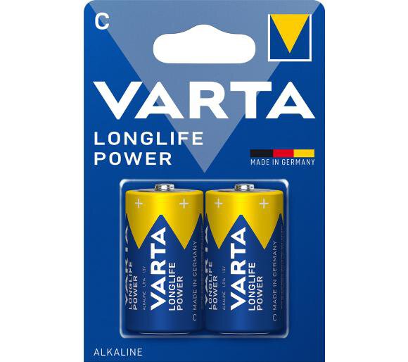 Blister de 2 piles alcalines C Varta Longlife Power pour appareils électroniques.