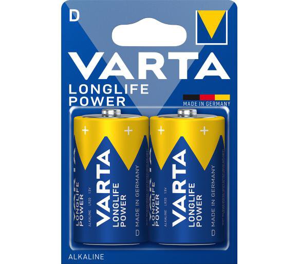 Blister de 2 piles alcalines D Varta Longlife Power, emballage bleu et jaune
