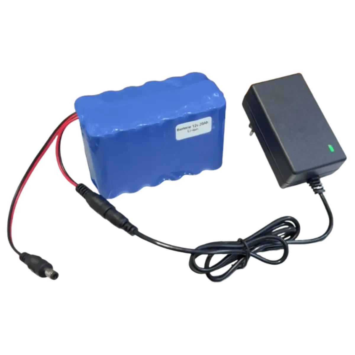 Batterie 3S6P Li-ion 12V 20Ah branchée à son chargeur