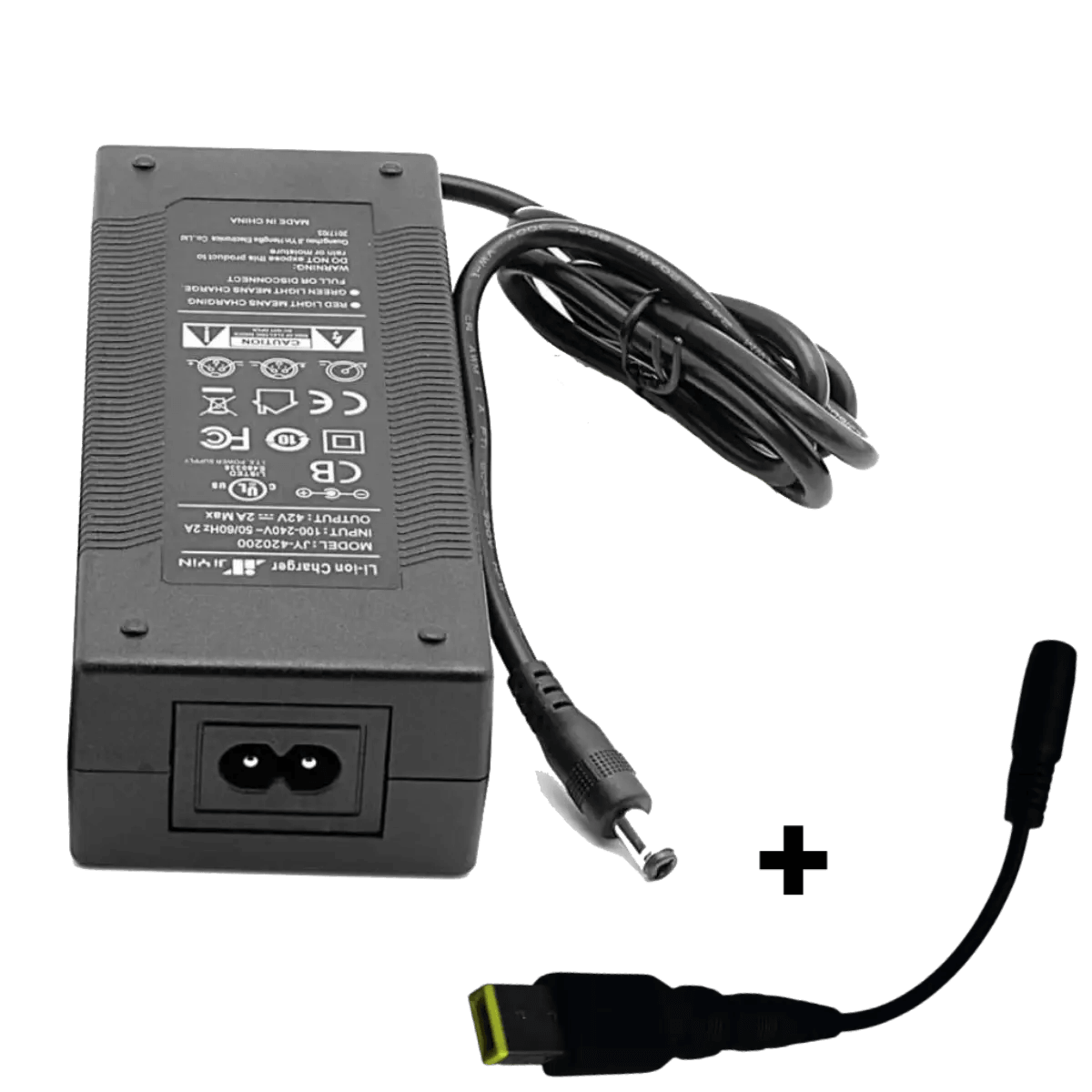 Chargeur 42v 2A avec adaptateur fiche Carré jaune