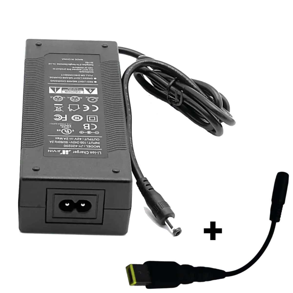 Chargeur 42v 2A avec adaptateur fiche Carré jaune