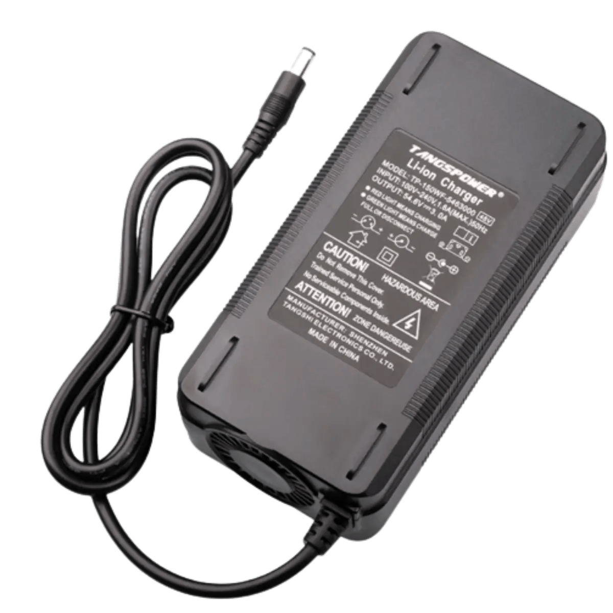 Chargeur 54.6v 3A avec adaptateur vers fiche D verte 6.3x0.3mm