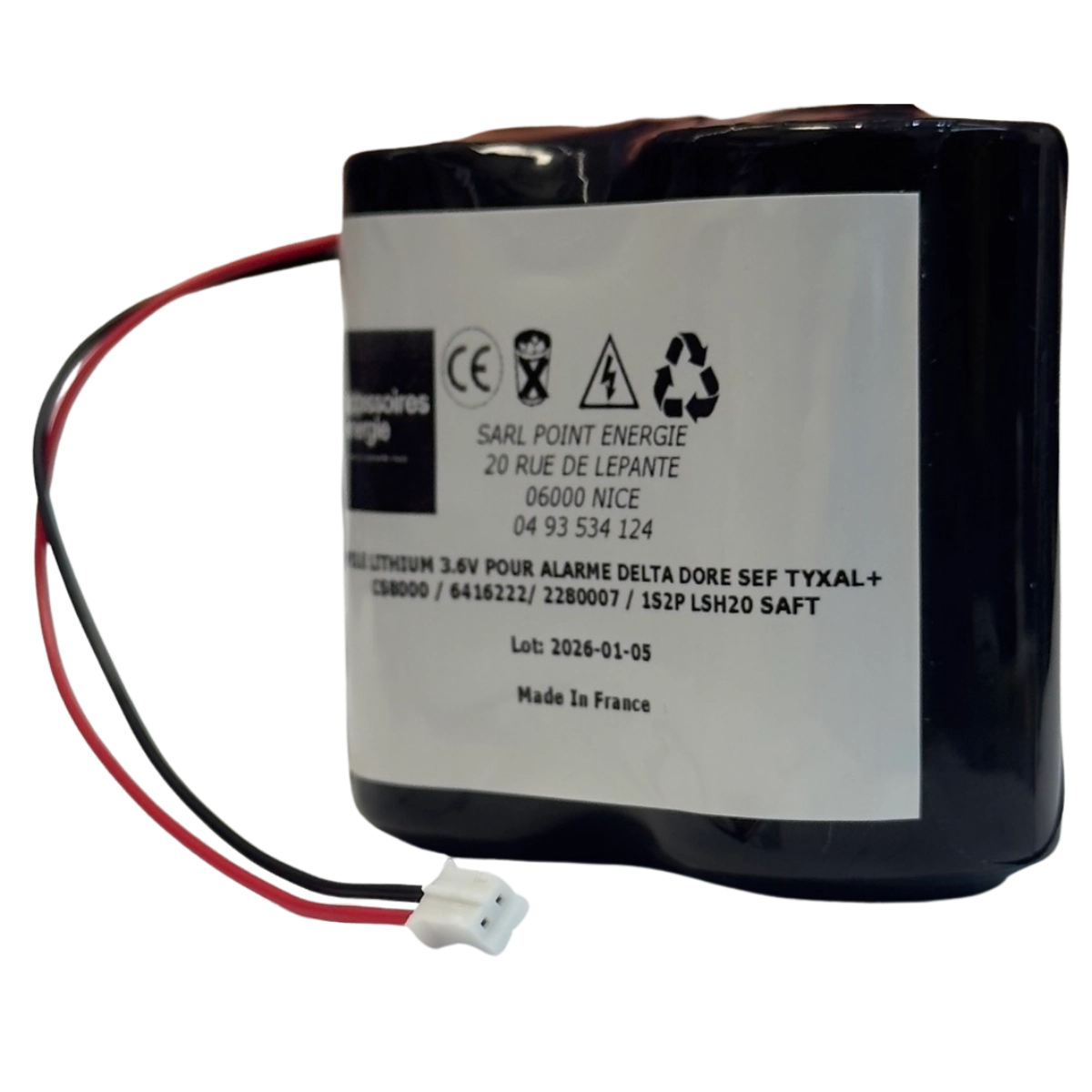 PILE LITHIUM 3.6V POUR ALARME DELTA DORE SEF TYXAL+ CS8000 / 6416222/ 2280007 / 1S2P LSH20 SAFT