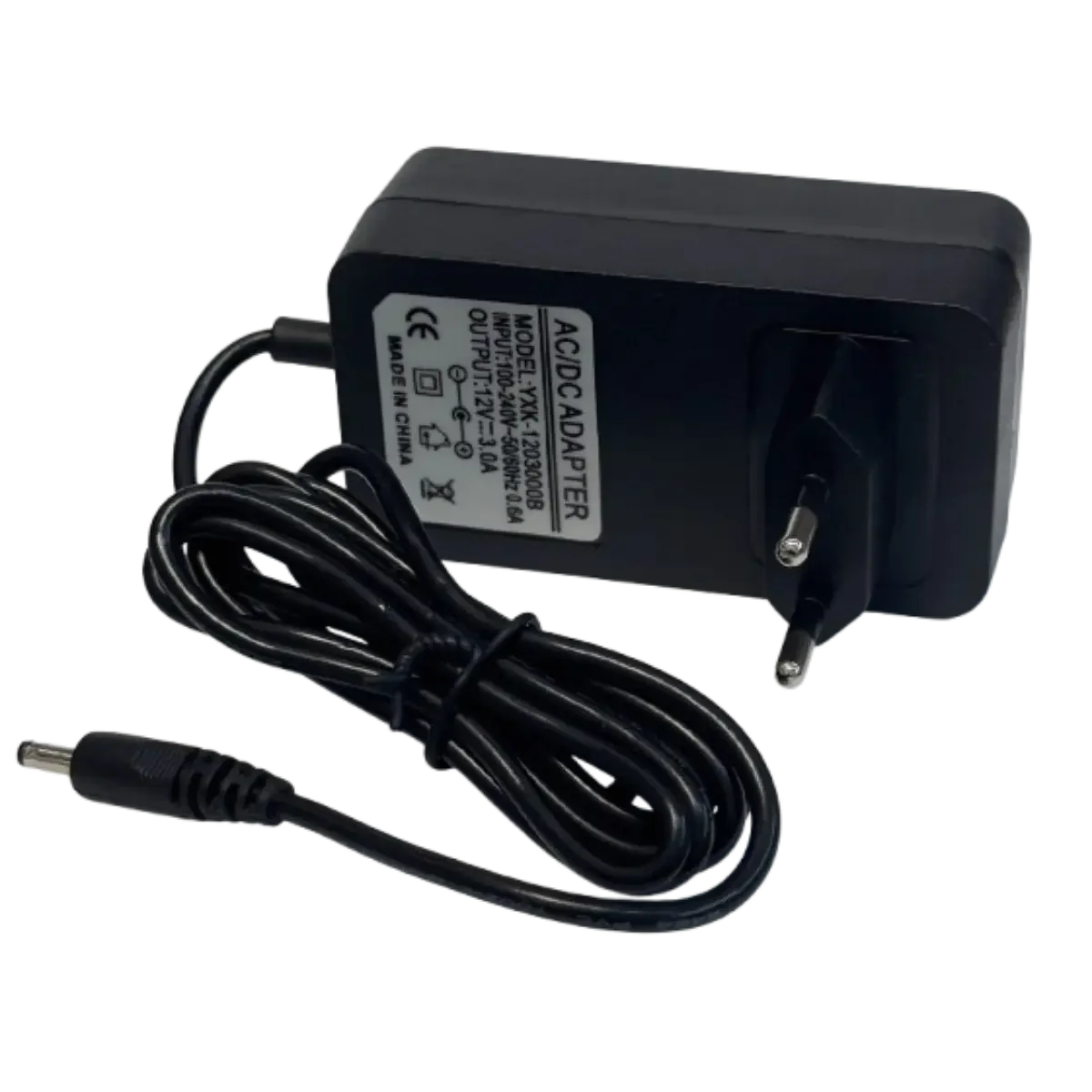 Alimentation 12V 3A 36W – vue complète avec étiquette, câble et jack DC