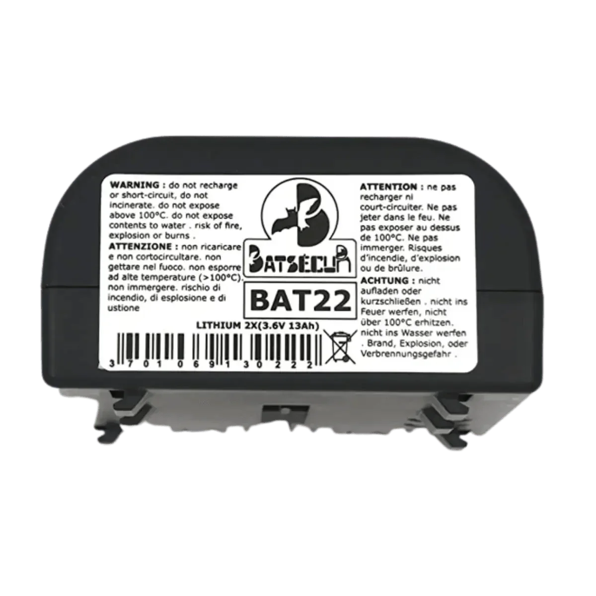 Batterie lithium BAT22 2x3,6V 13Ah, accessoire énergie pour appareil, étiquette de sécurité visible