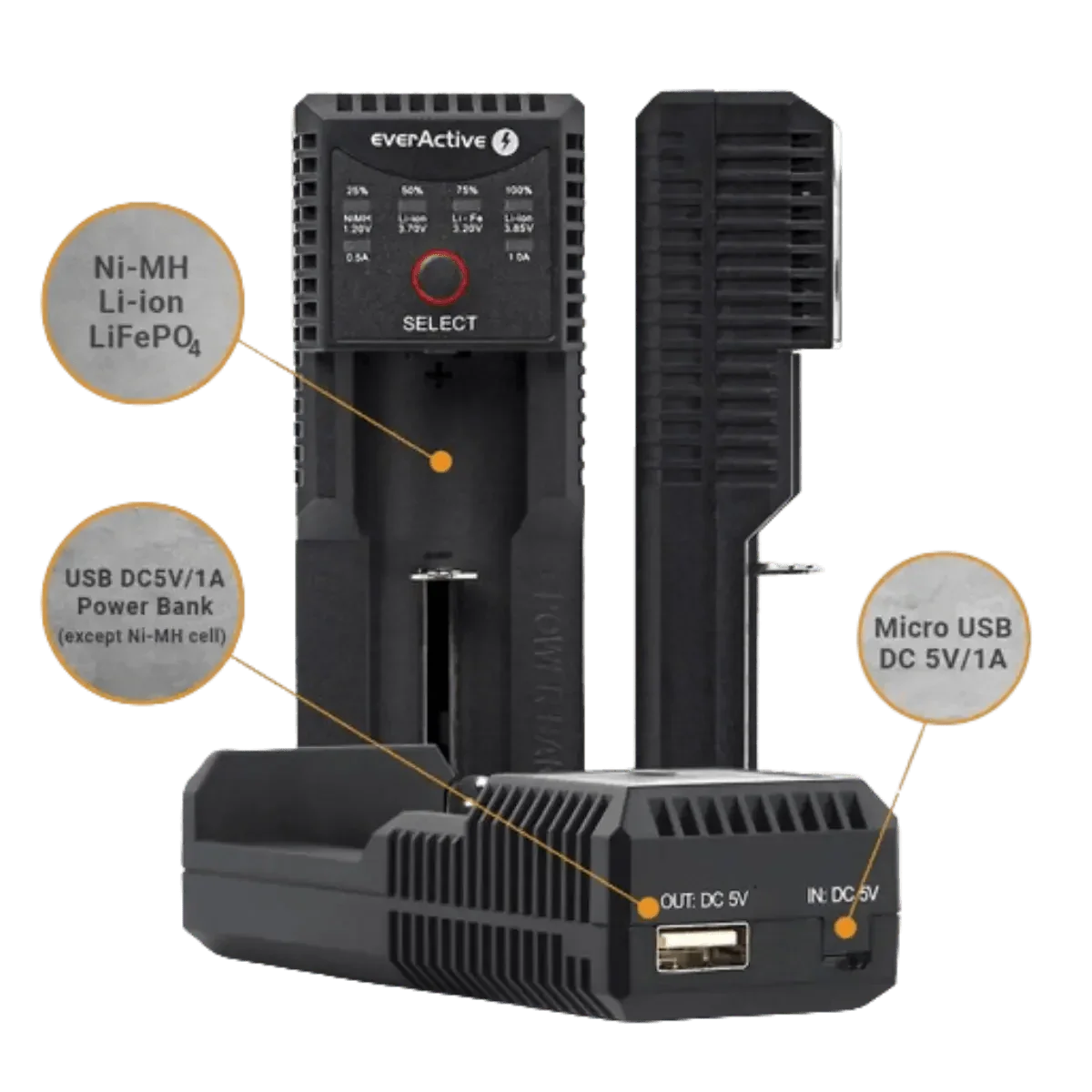 Chargeur pour 1 batterie, Li-Ion, LiFePO4 et Ni-MH