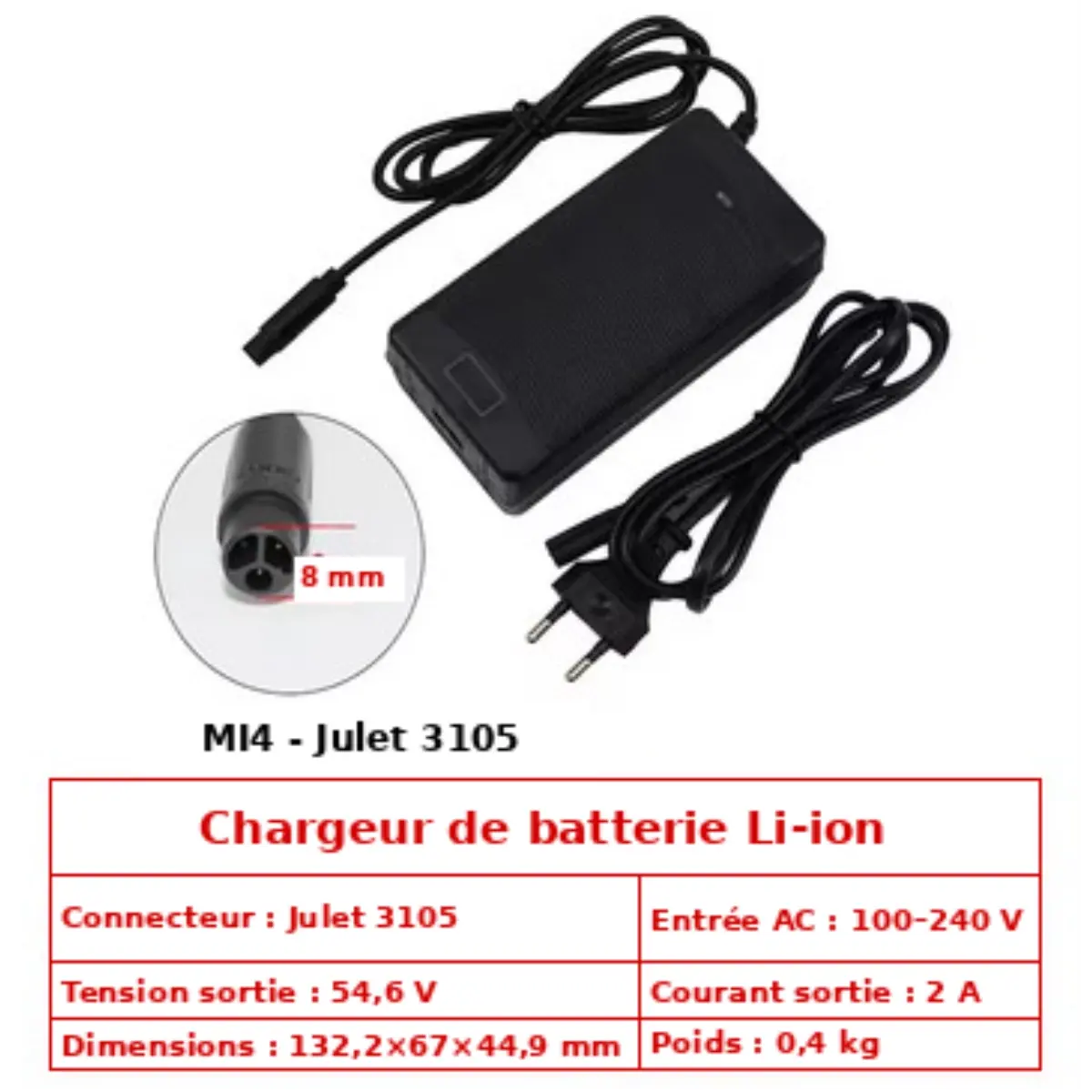 Chargeur 54.6V 2A pour batterie Li-ion 48V 13S connecteur MI4 Julet 3105