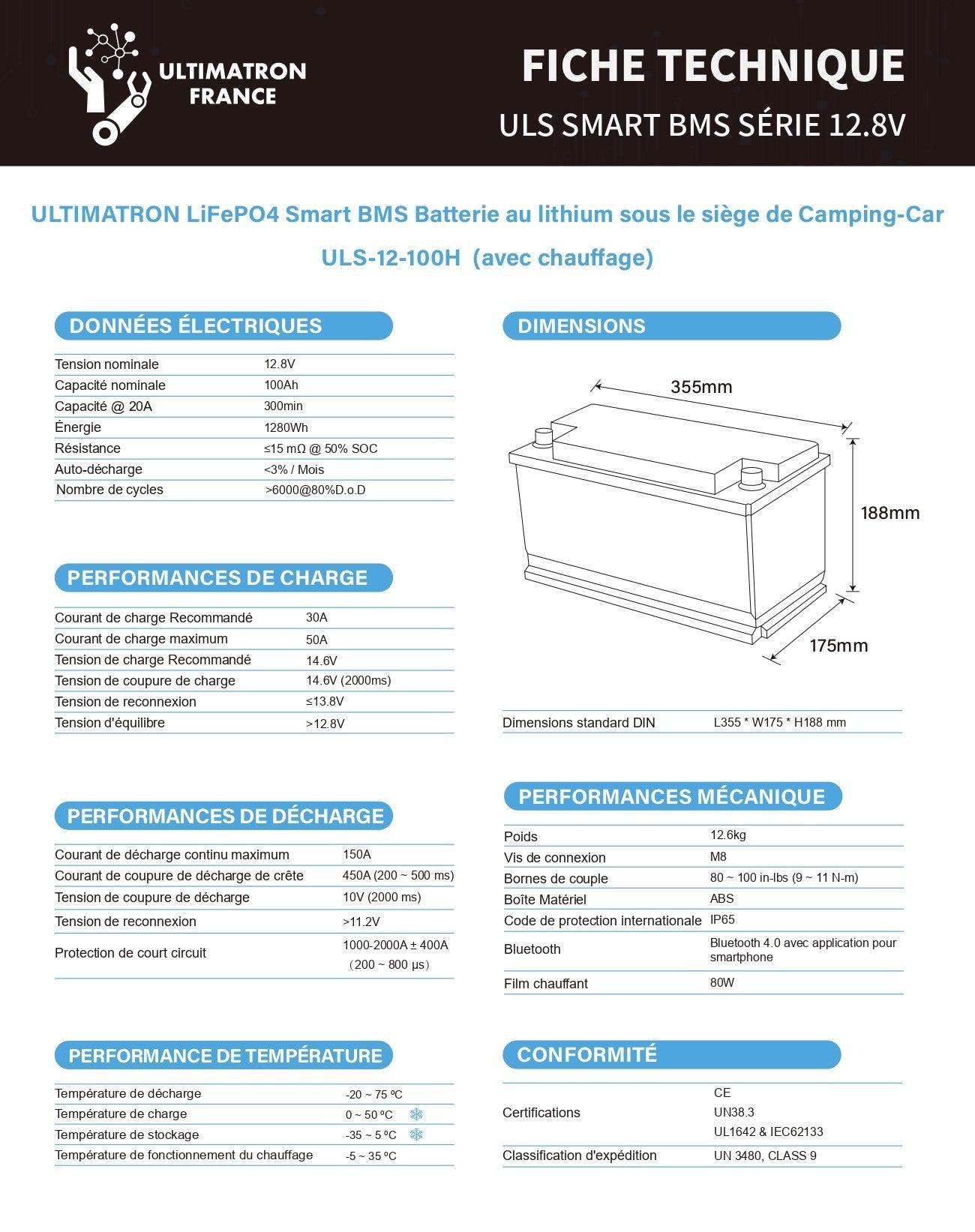 Batterie connectée Lithium LiFePO4 12V 100Ah avec chauffage intégré, série ULS - Accessoires Energie