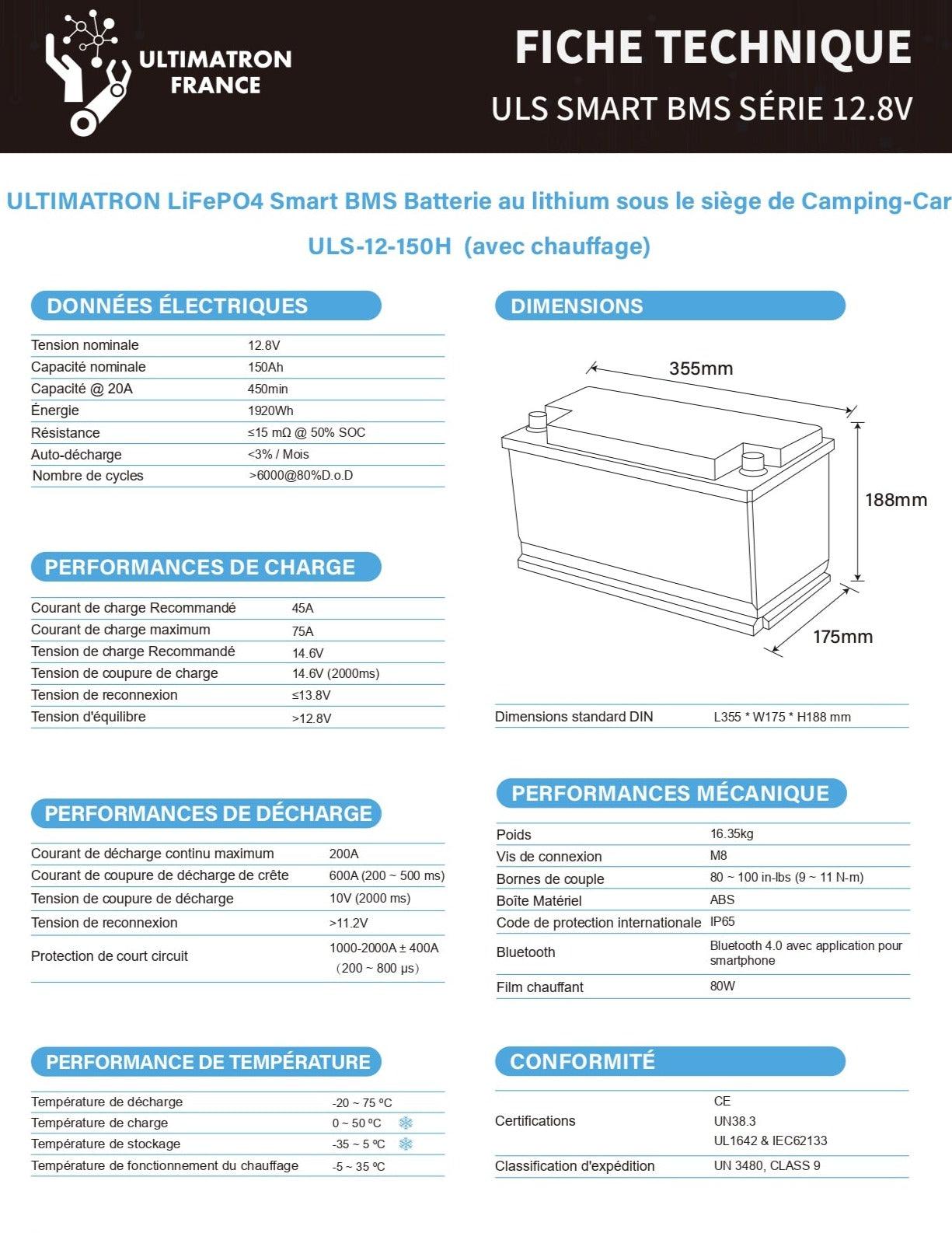 Batterie connectée Lithium LiFePO4 12V 150Ah avec chauffage de sécurité série ULS