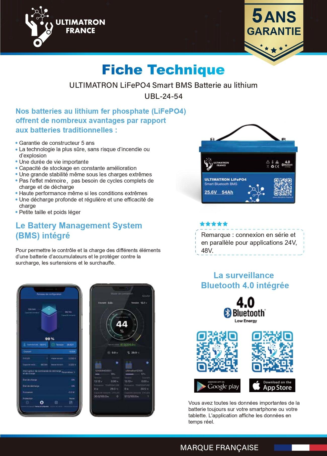 Batterie connectée Lithium LiFePO4 24V 54Ah, série UBL - Accessoires Energie