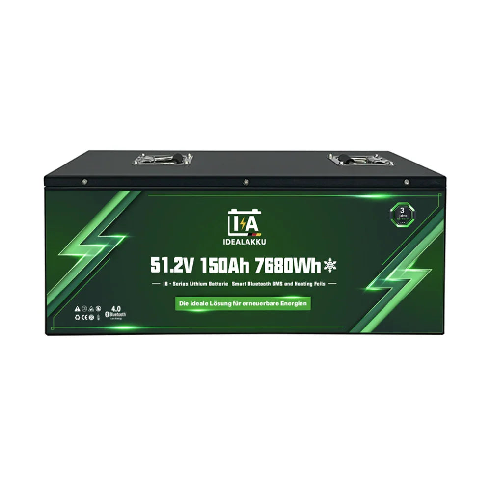 Batterie lithium 51.2V 150Ah 7680Wh pour énergie renouvelable, boîtier noir avec logo et poignées
