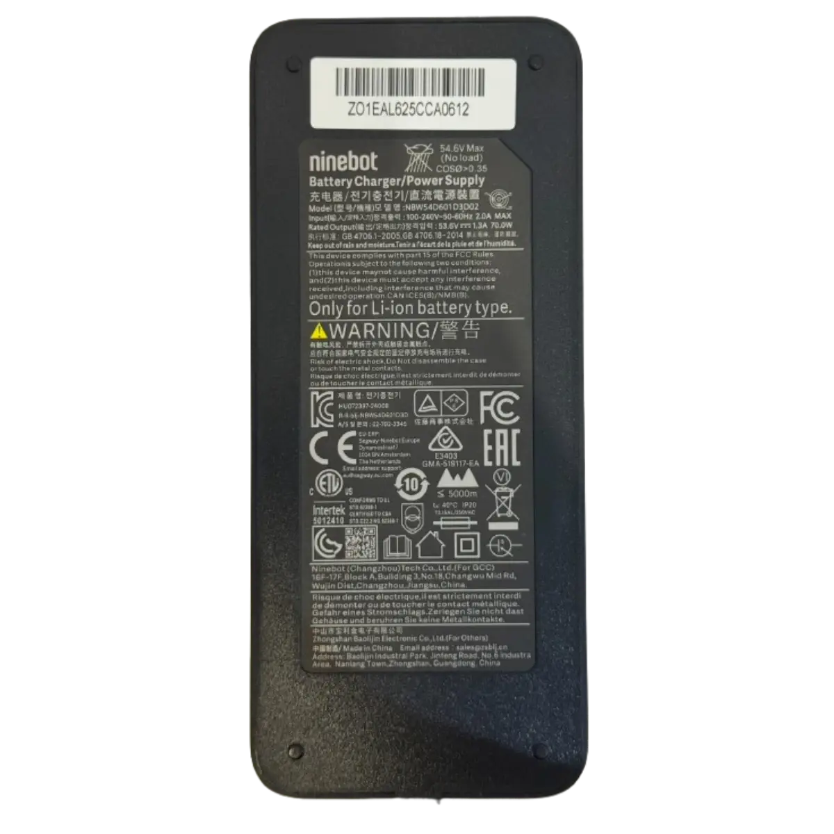étiquette du chargeur origine Ninebot 54.6V 2A pour Trottinette Xiaomi 4 Pro Plus, 4 Pro Max et NineBot ZT3 Pro