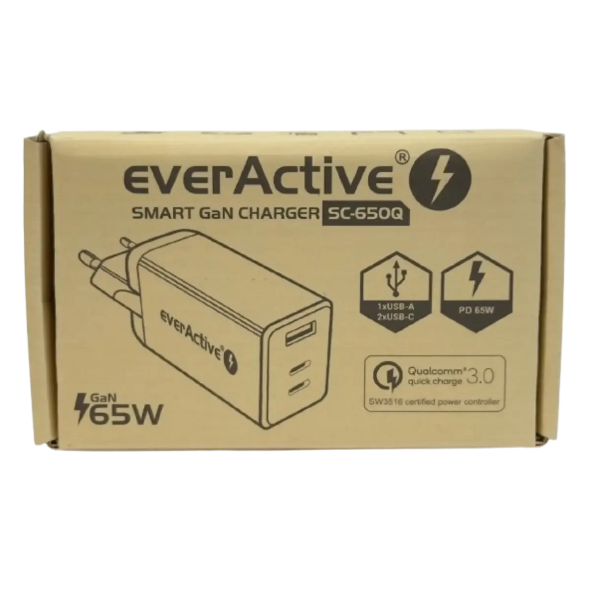 Chargeur mural rapide 65W everActive SC-650Q – 2x USB-C PD/PPS + 1x USB QC4+
