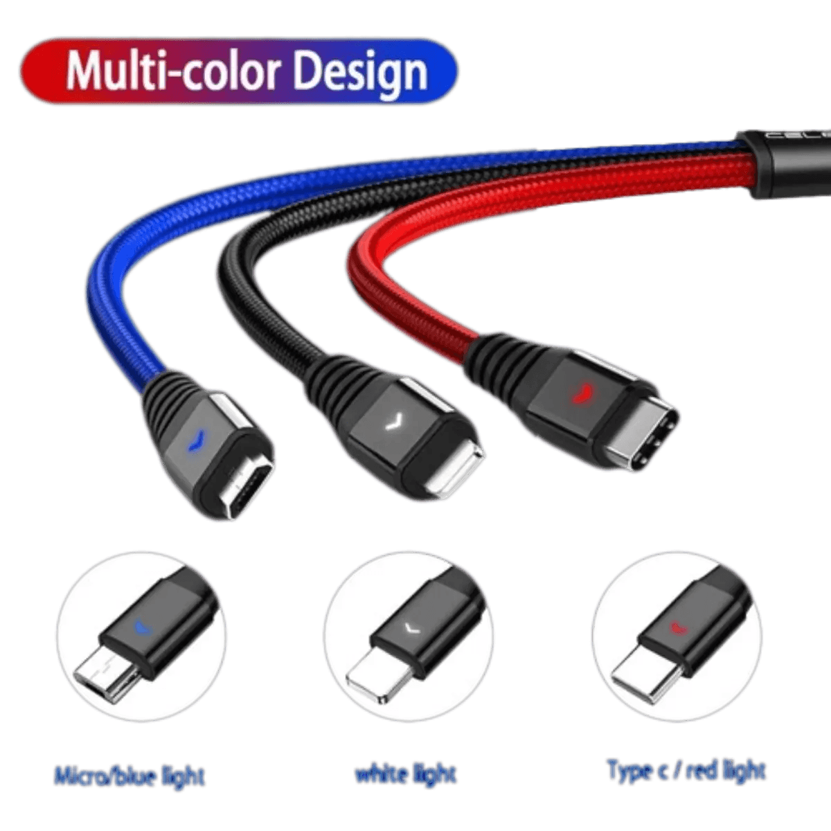 Câble 2 Mètres en Tissu de Charge 3 en 1 pour Android
