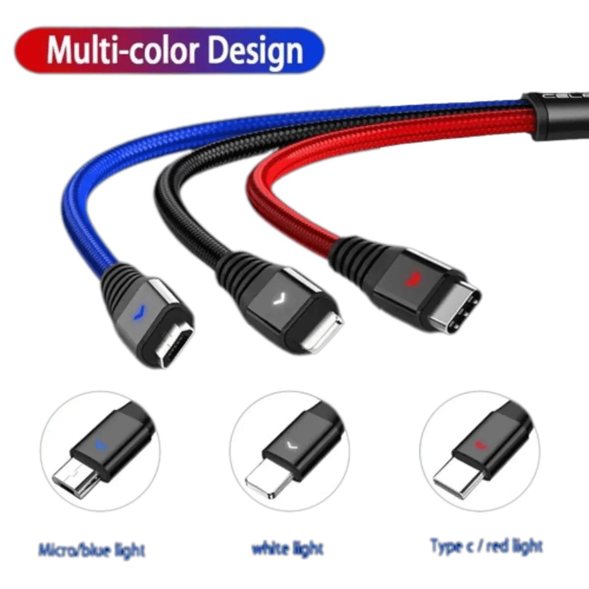 Câble 2 Mètres en Tissu de Charge 3 en 1 pour Android