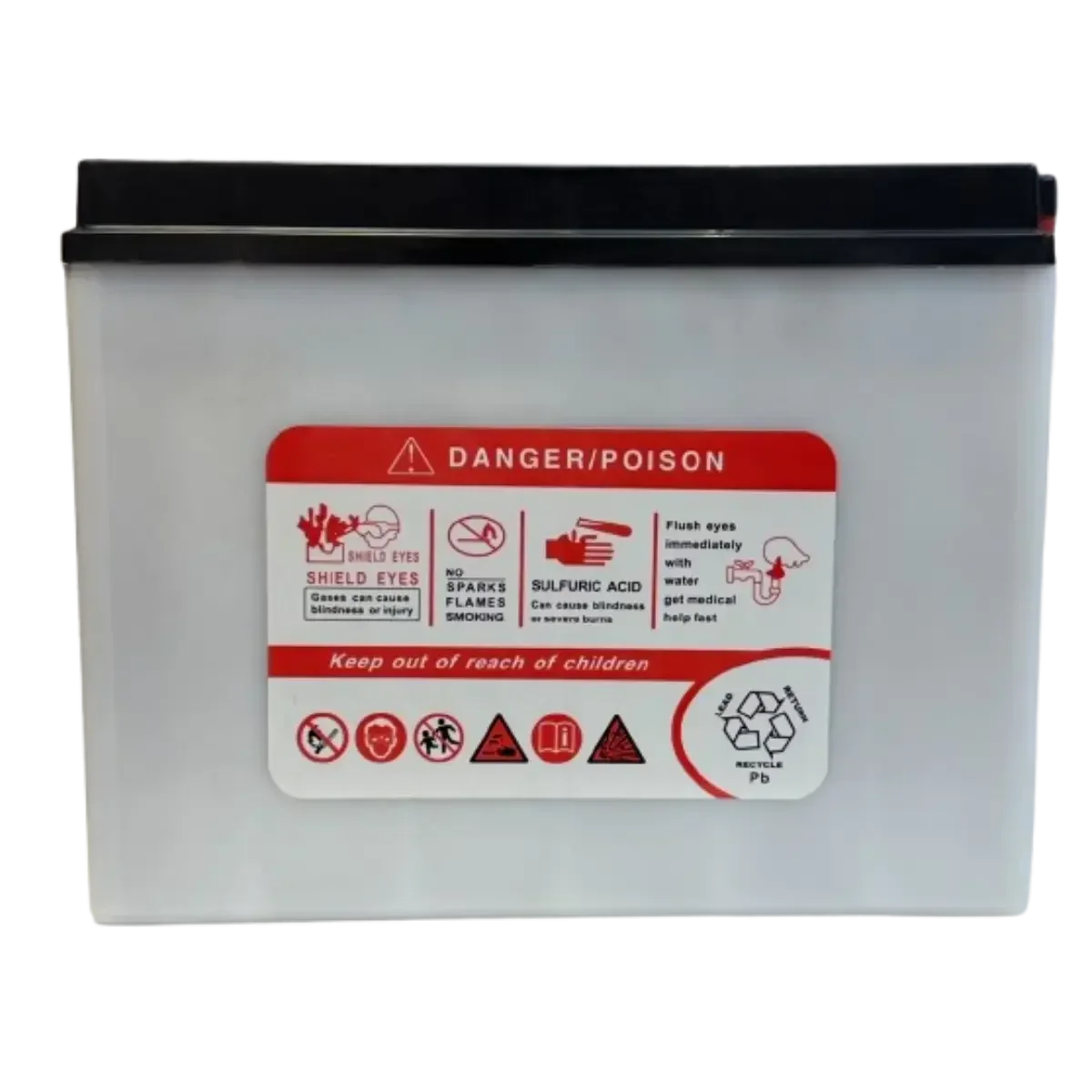 Étiquette de sécurité danger acide sulfurique sur batterie moto KYOTO YB16AL-A2.
