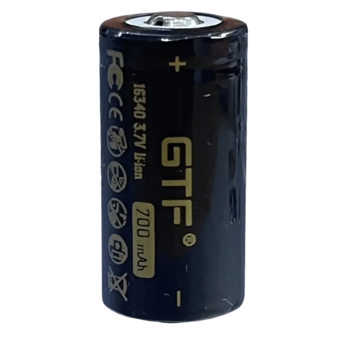 Gros plan du petit téton positif saillant Button Top de la batterie GTF 16340 3,7 V