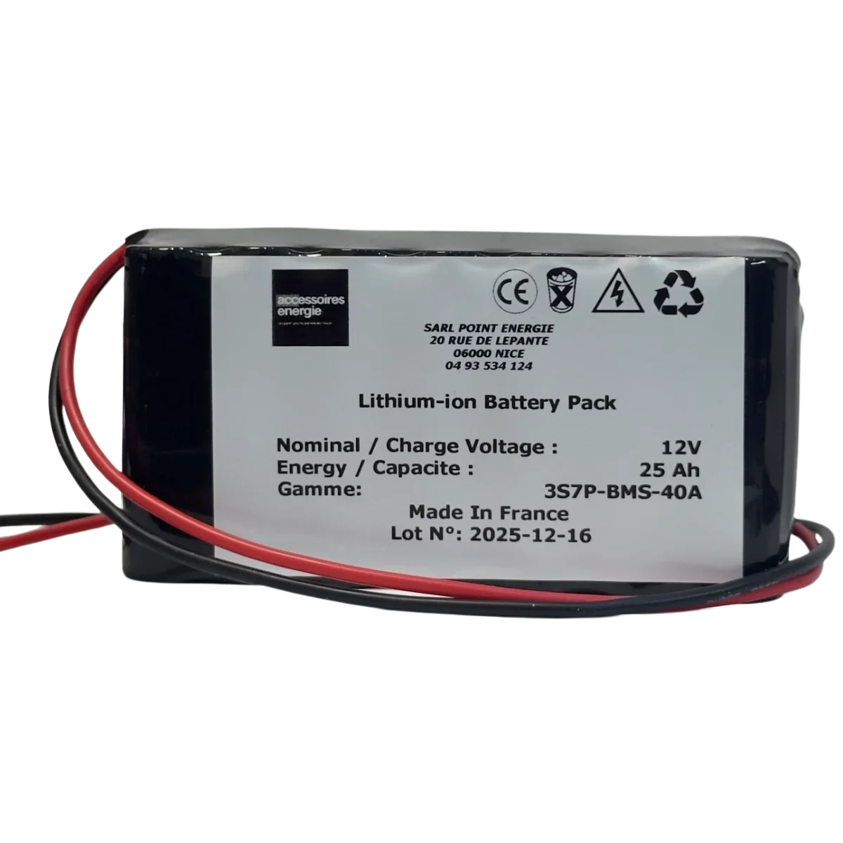 Batterie Li-ion 12V 25Ah 3S7P 18650 avec BMS 40A et sortie fils