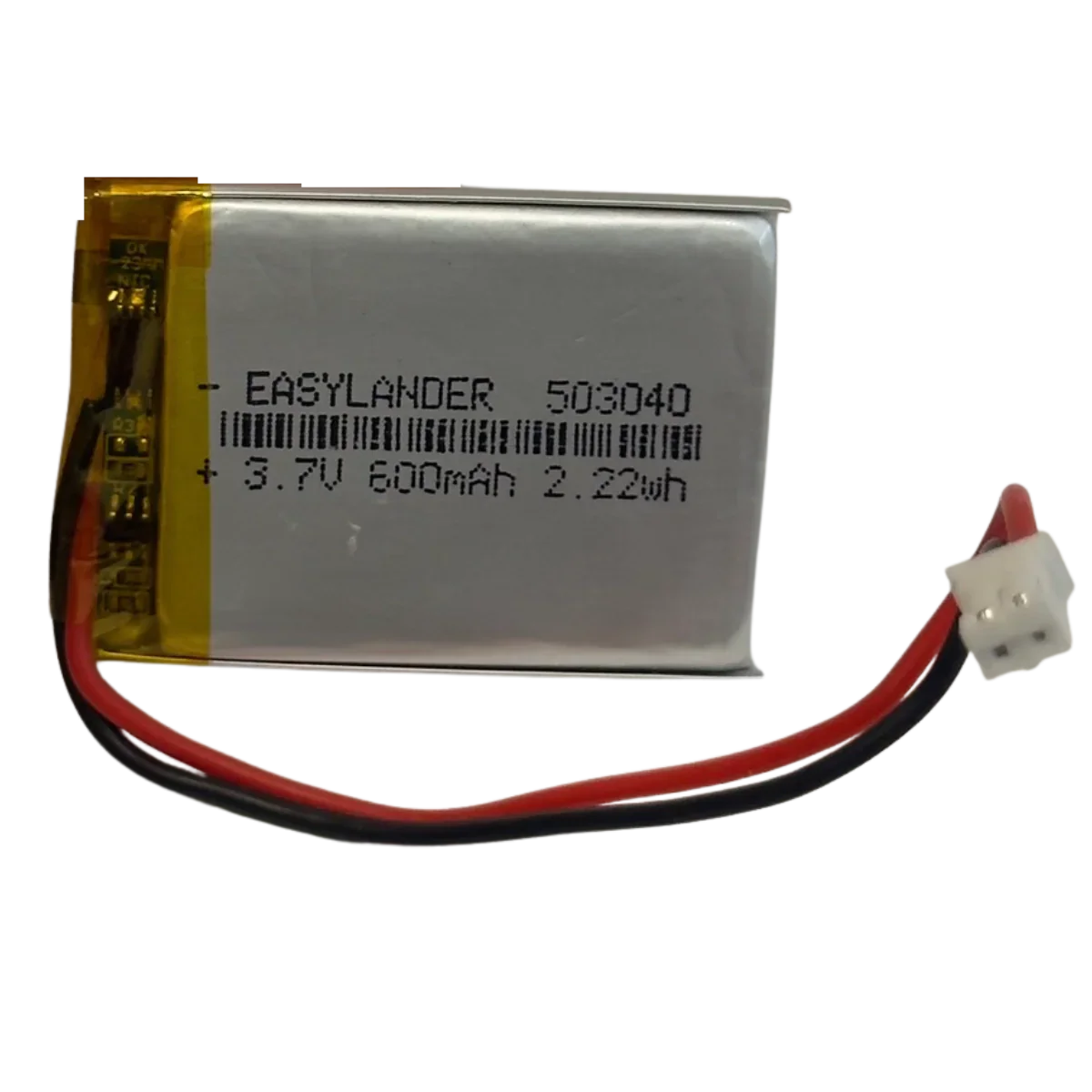 Batterie LiPo 503040 vue de profil avec fils rouge et noir et connecteur