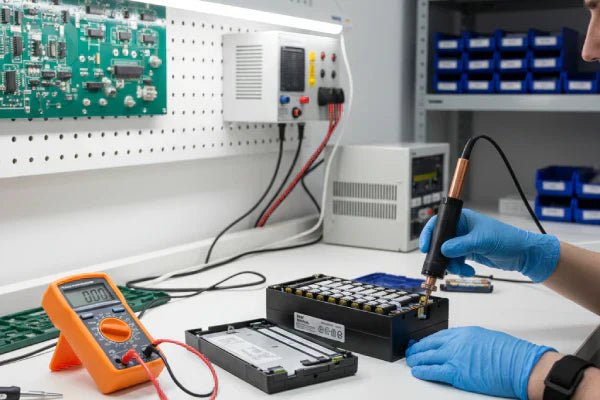 Atelier montage batterie lithium, test batterie avec multimètre, gants de protection