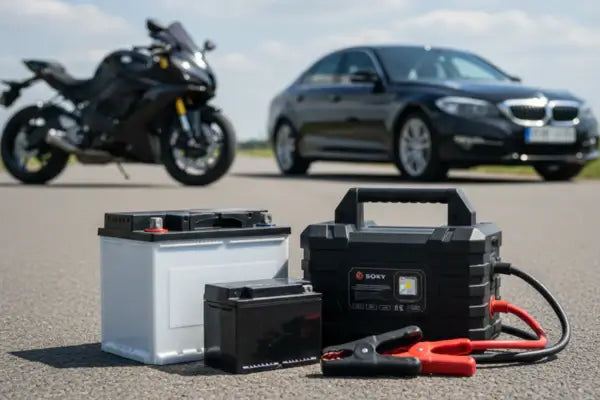 Batterie moto, batterie voiture et chargeur démarreur sur route, moto et voiture en arrière-plan