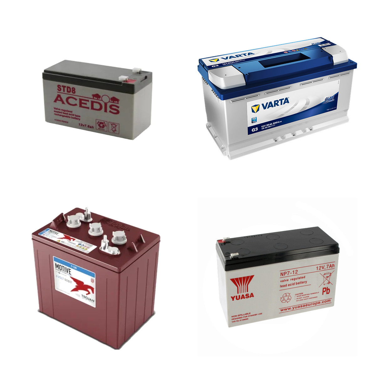 Packshot de quatre batteries au plomb de différents formats pour appareils électriques et véhicules.