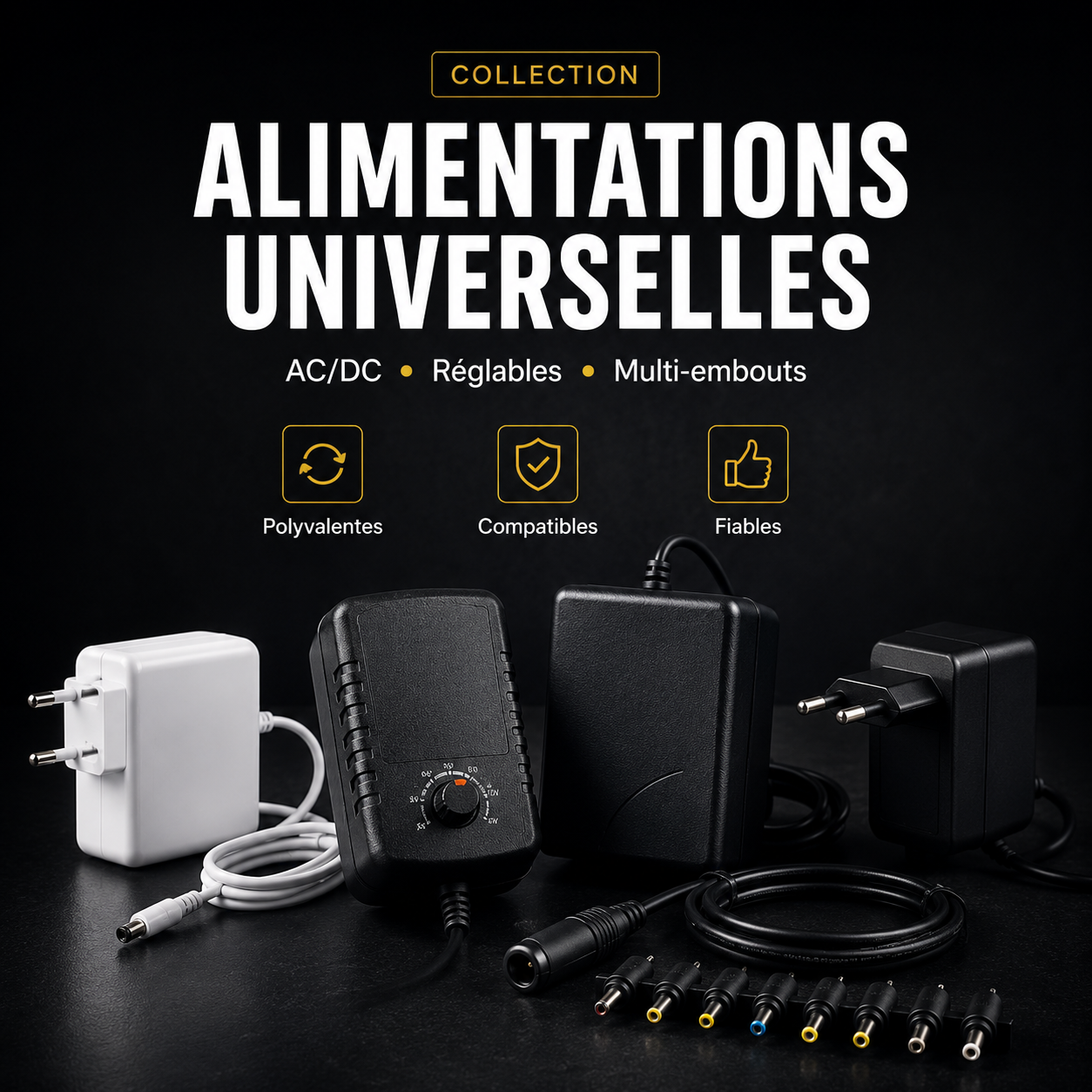 Alimentations et adaptateurs secteur fixes réglables AC DC et multi-embouts