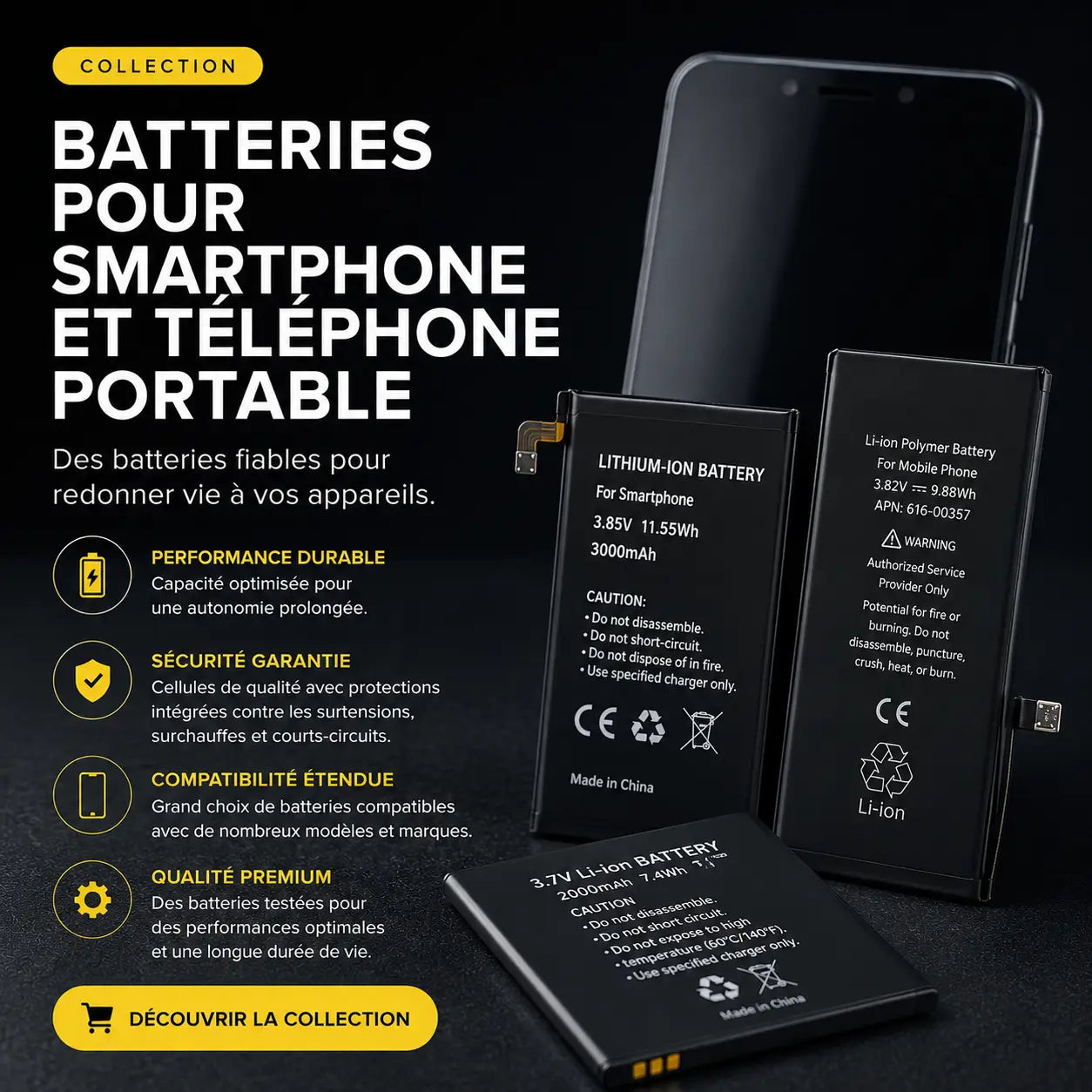 Batteries pour smartphone et téléphone portable