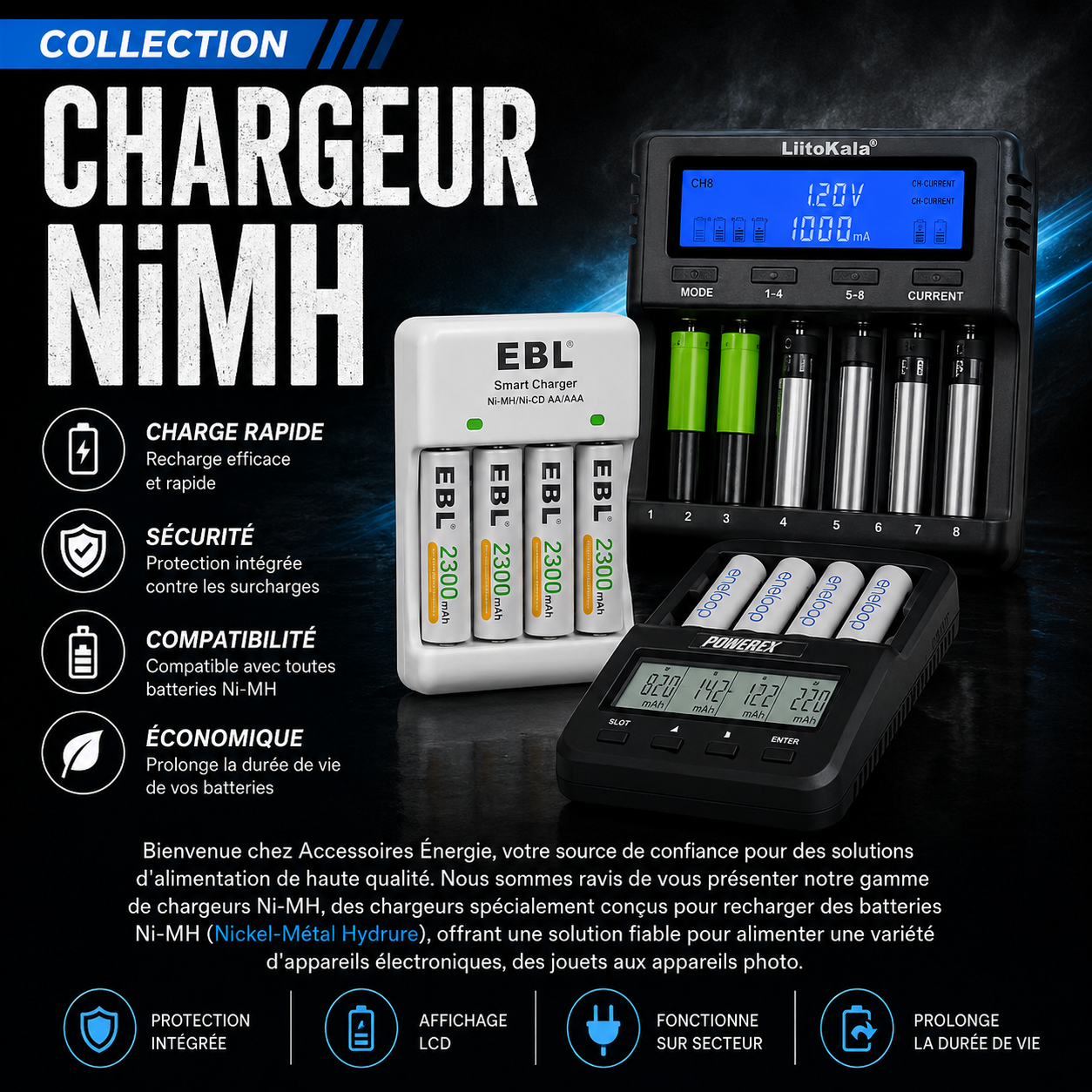 Chargeur NiMh pour batteries rechargeables AA AAA et packs NiMH
