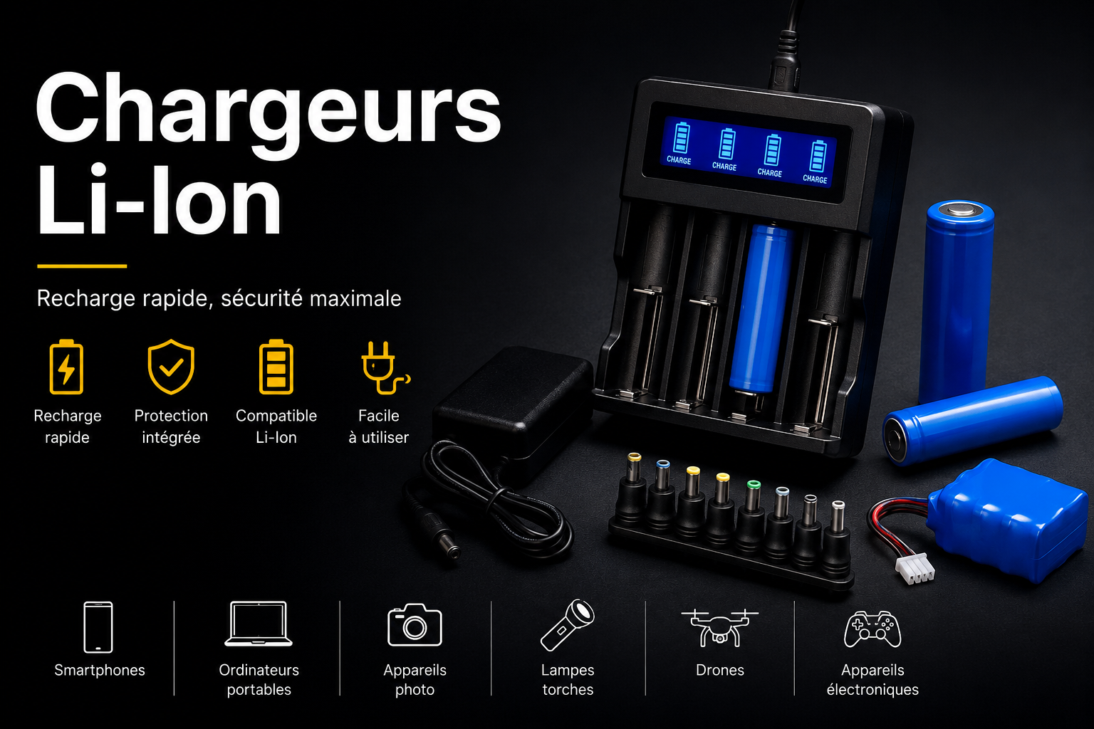 Chargeurs Li-Ion et adaptateurs muraux avec fiches jack et embouts interchangeables