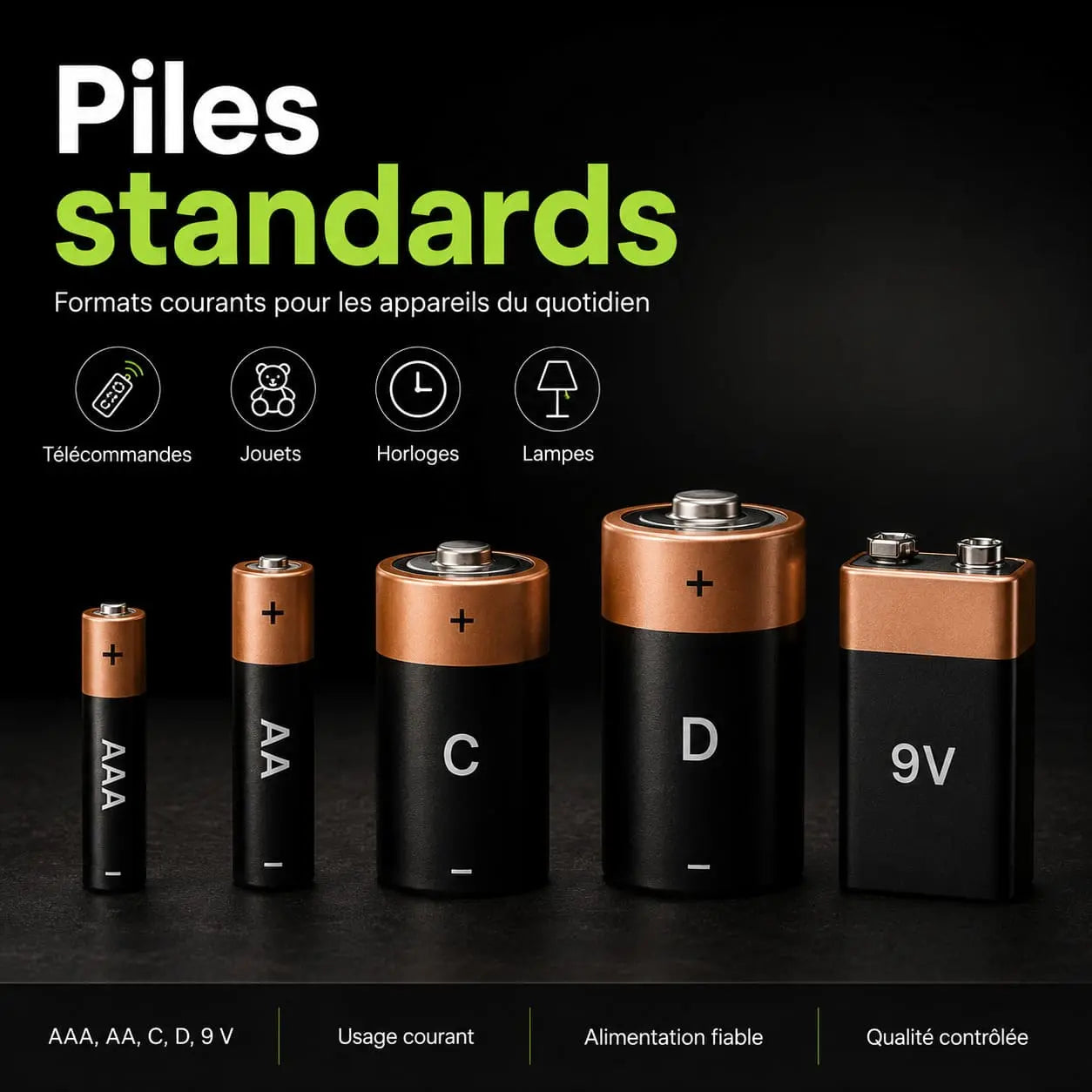 Piles standards AA AAA C D et 9 V pour appareils du quotidien