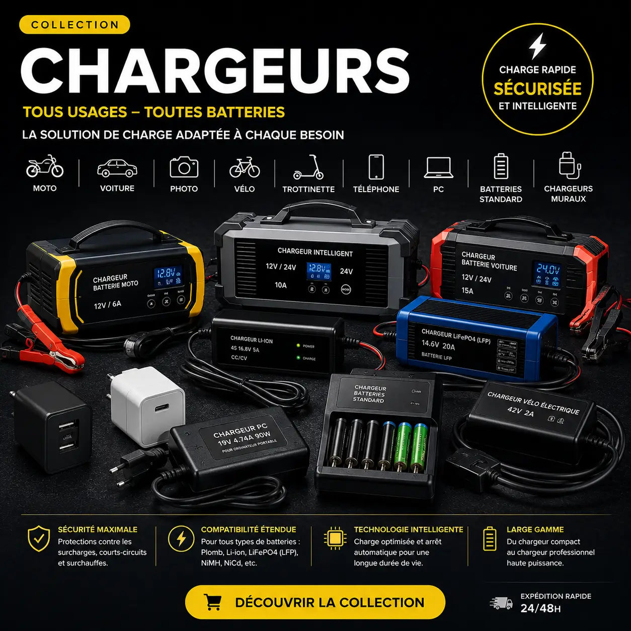 Chargeurs divers pour batteries moto Li-ion téléphone PC vélo