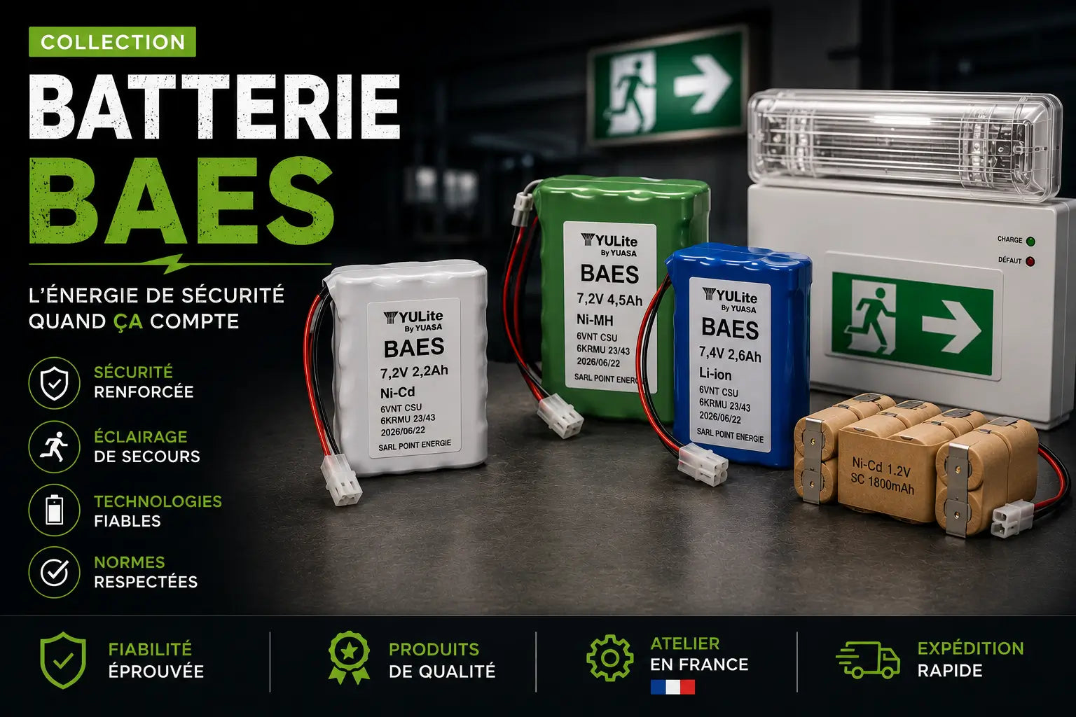 Batterie BAES pour éclairage de sécurité, couloir d'évacuation et panneau de sortie verte