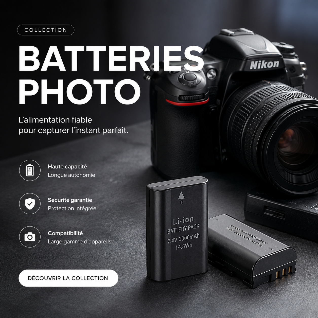 Ajouter une image claire représentant plusieurs batteries d’appareil photo.