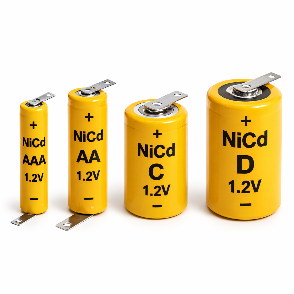 Piles rechargeables NiCd 1.2V tailles AAA, AA, C, D jaune pour appareils électroniques