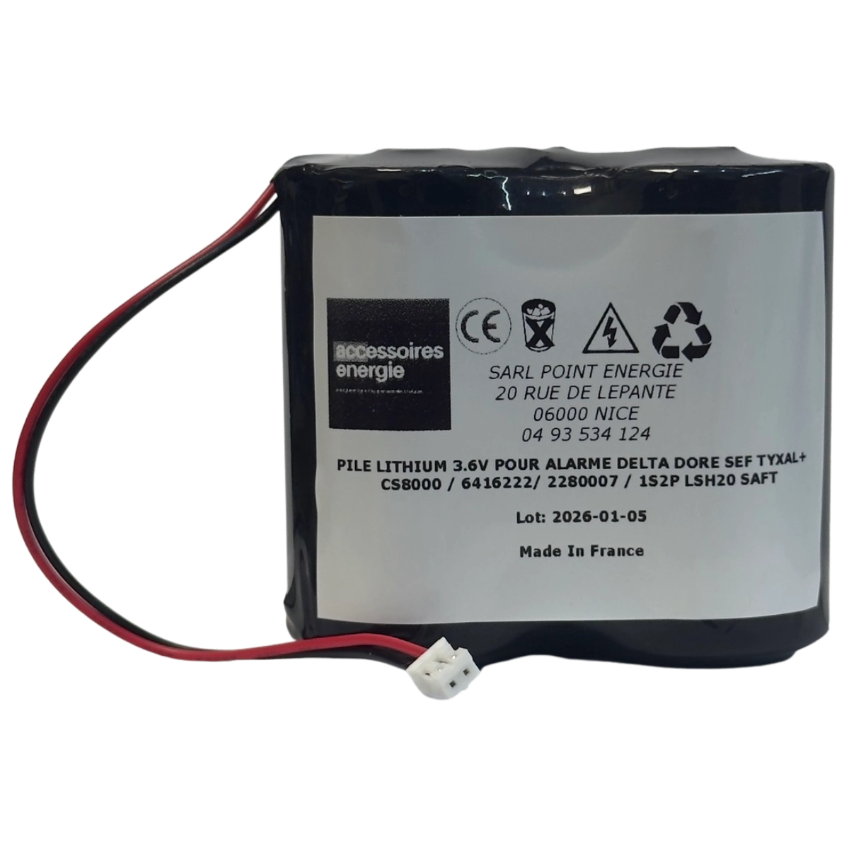 PILE LITHIUM 3.6V POUR ALARME DELTA DORE SEF TYXAL+ CS8000 / 6416222/ 2280007 / 1S2P LSH20 SAFT