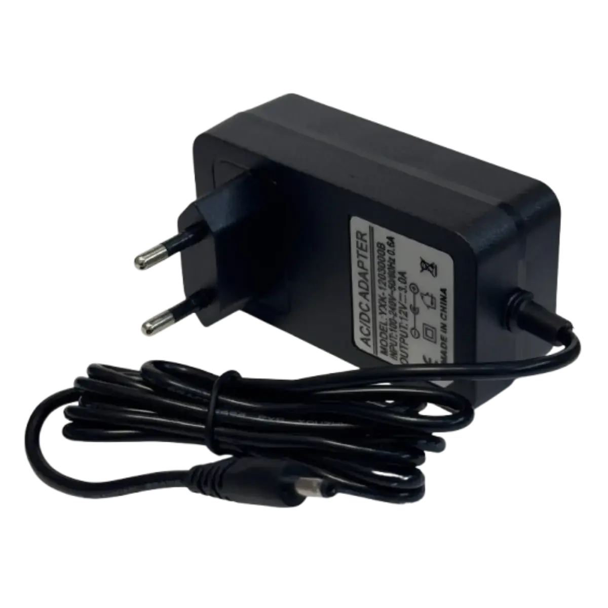 Adaptateur secteur 12V 3A – vue arrière avec prise européenne et câble