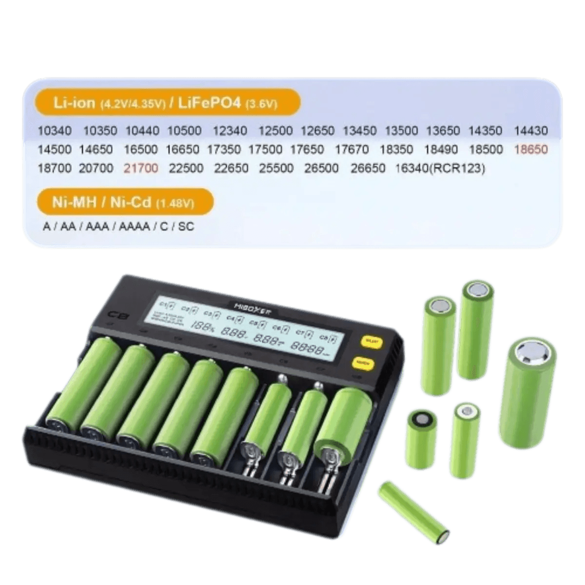 Chargeur de Batterie 8 Emplacements LCD pour Li-ion Lifepo4 Ni-Mh Ni-Cd