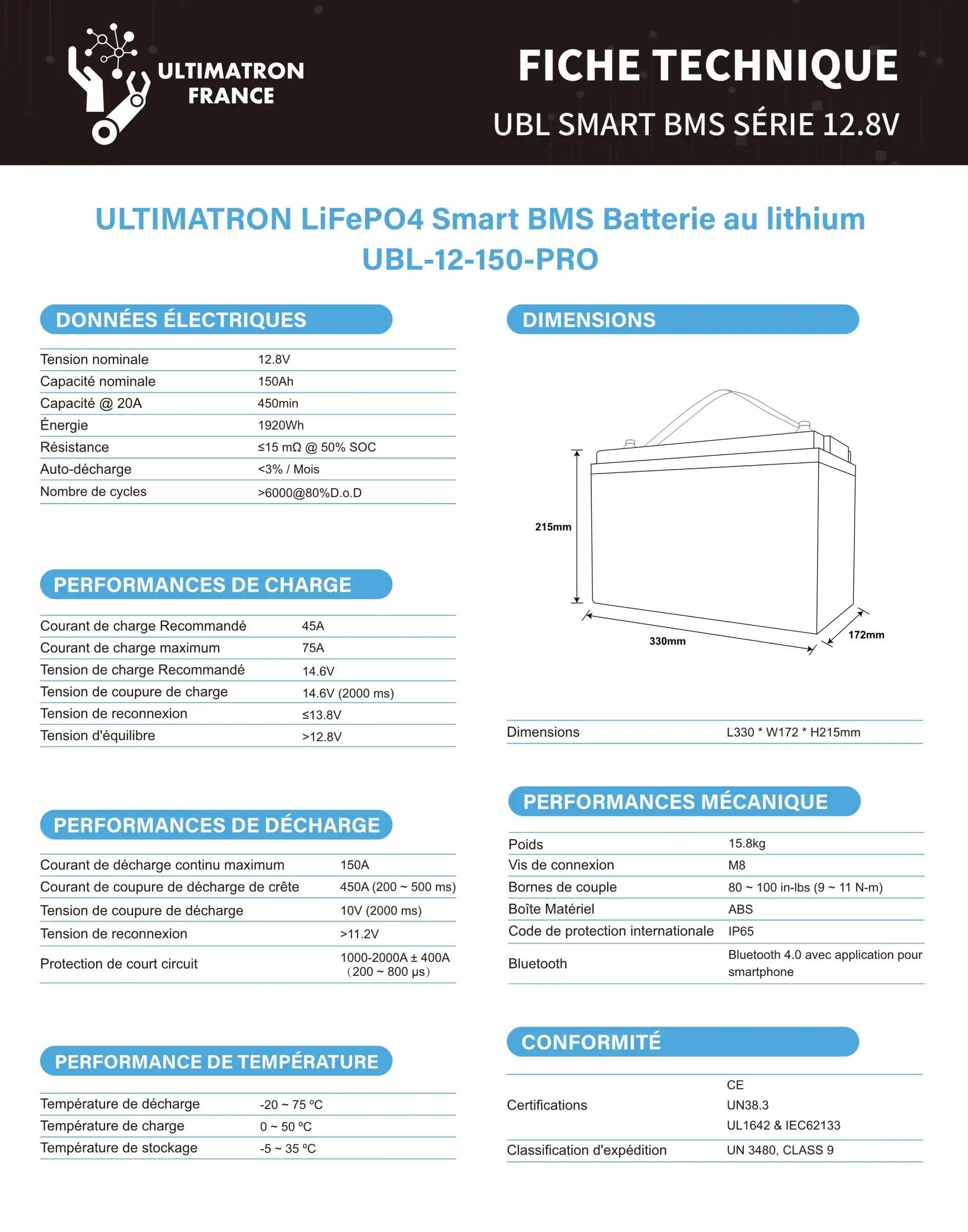 Batterie connectée Lithium LiFePO4 12V 150Ah, série UBL PRO - Accessoires Energie