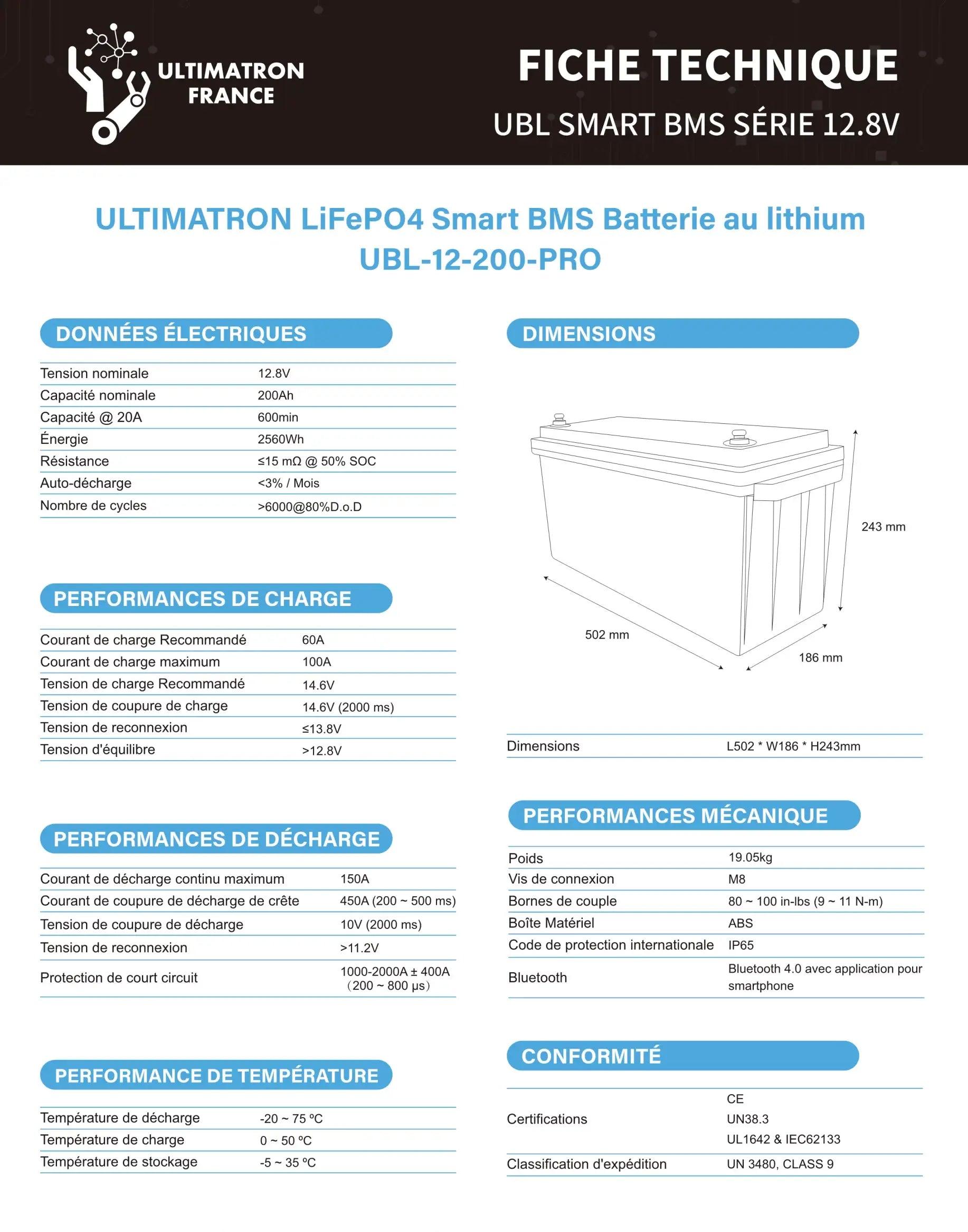 Batterie connectée Lithium LiFePO4 12V 200Ah, série UBL PRO