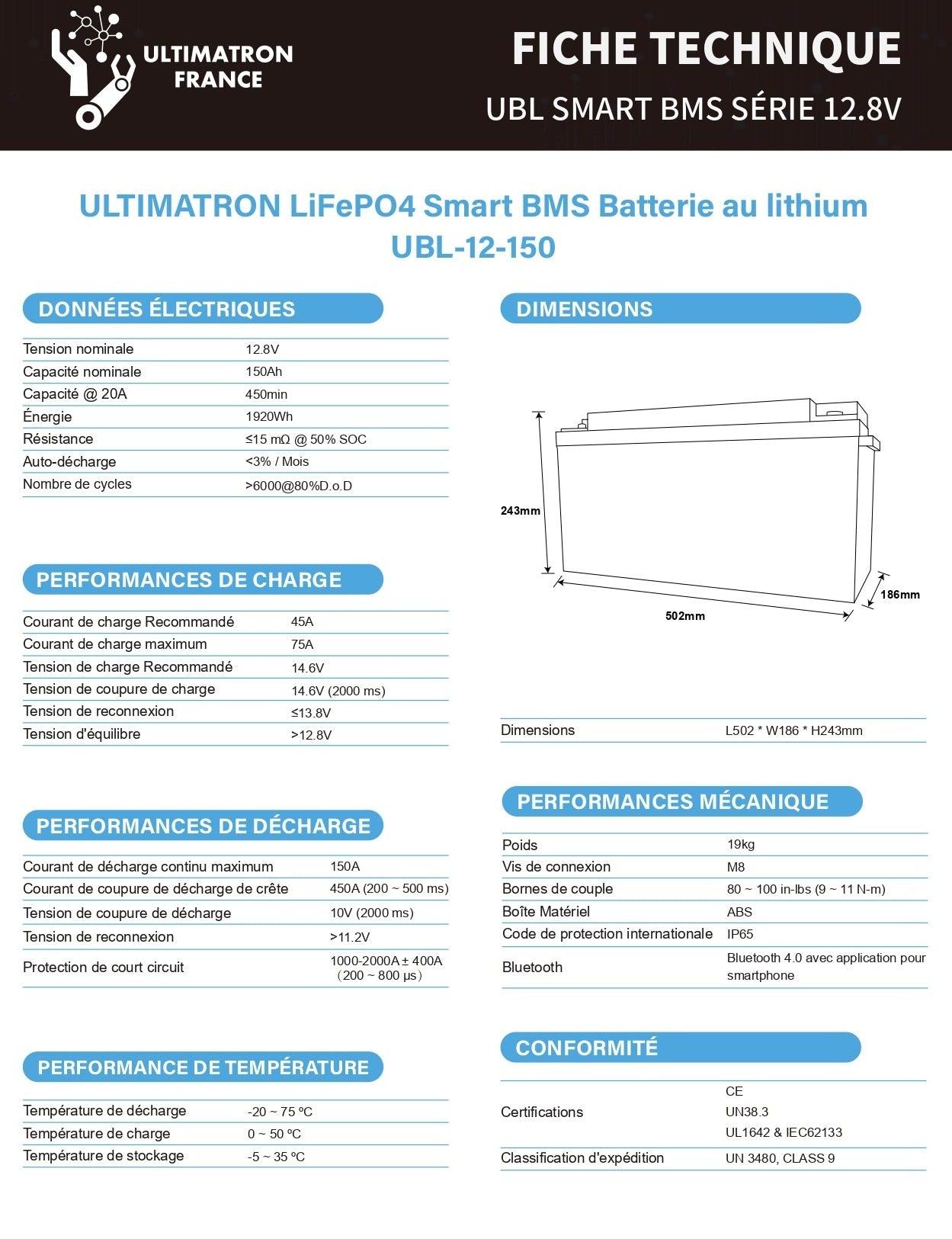 Batterie connectée Lithium LiFePO4 12V 150Ah, série UBL - Accessoires Energie