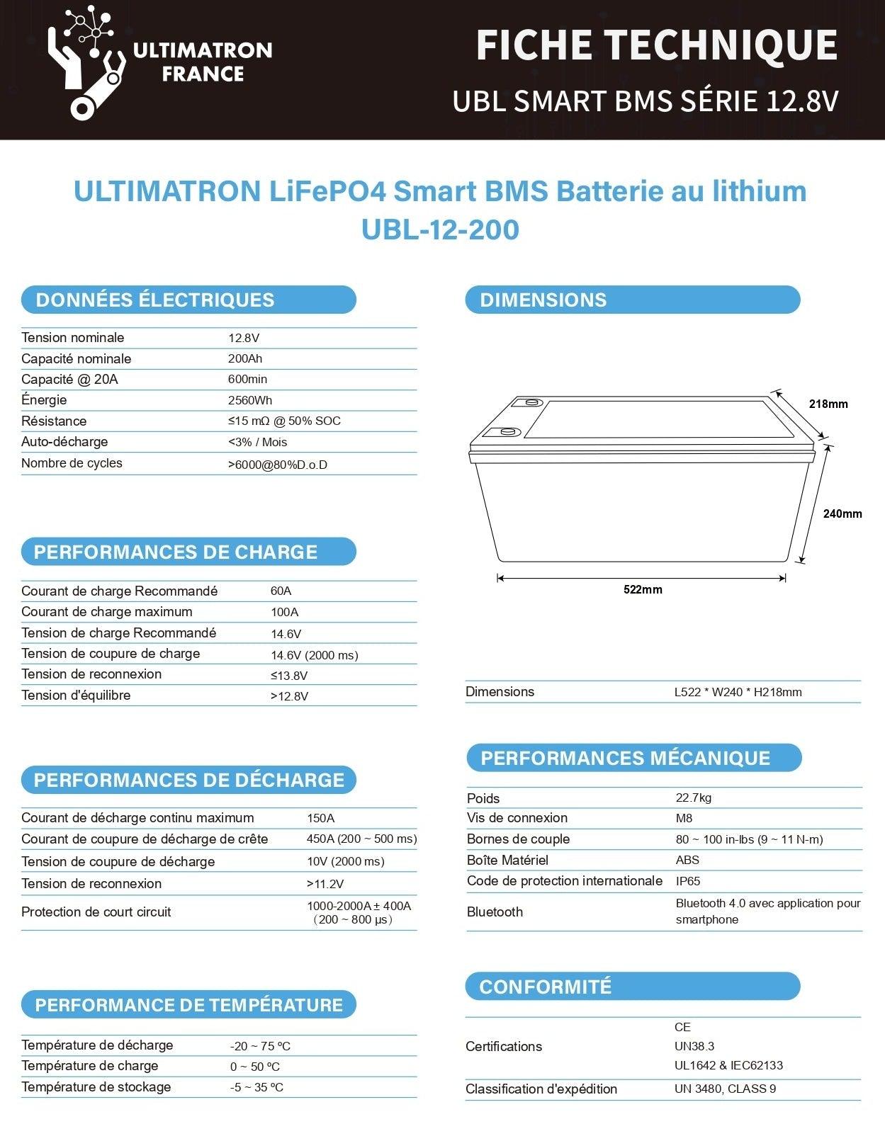 Batterie connectée Lithium LiFePO4 12V 200Ah, série UBL - Accessoires Energie