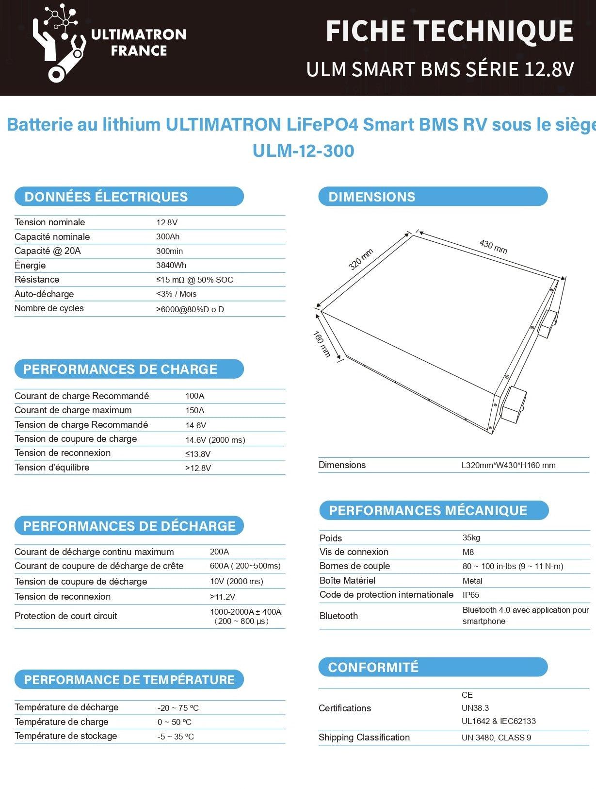 Batterie connectée Lithium LiFePO4 12V 300Ah, série ULM - Accessoires Energie