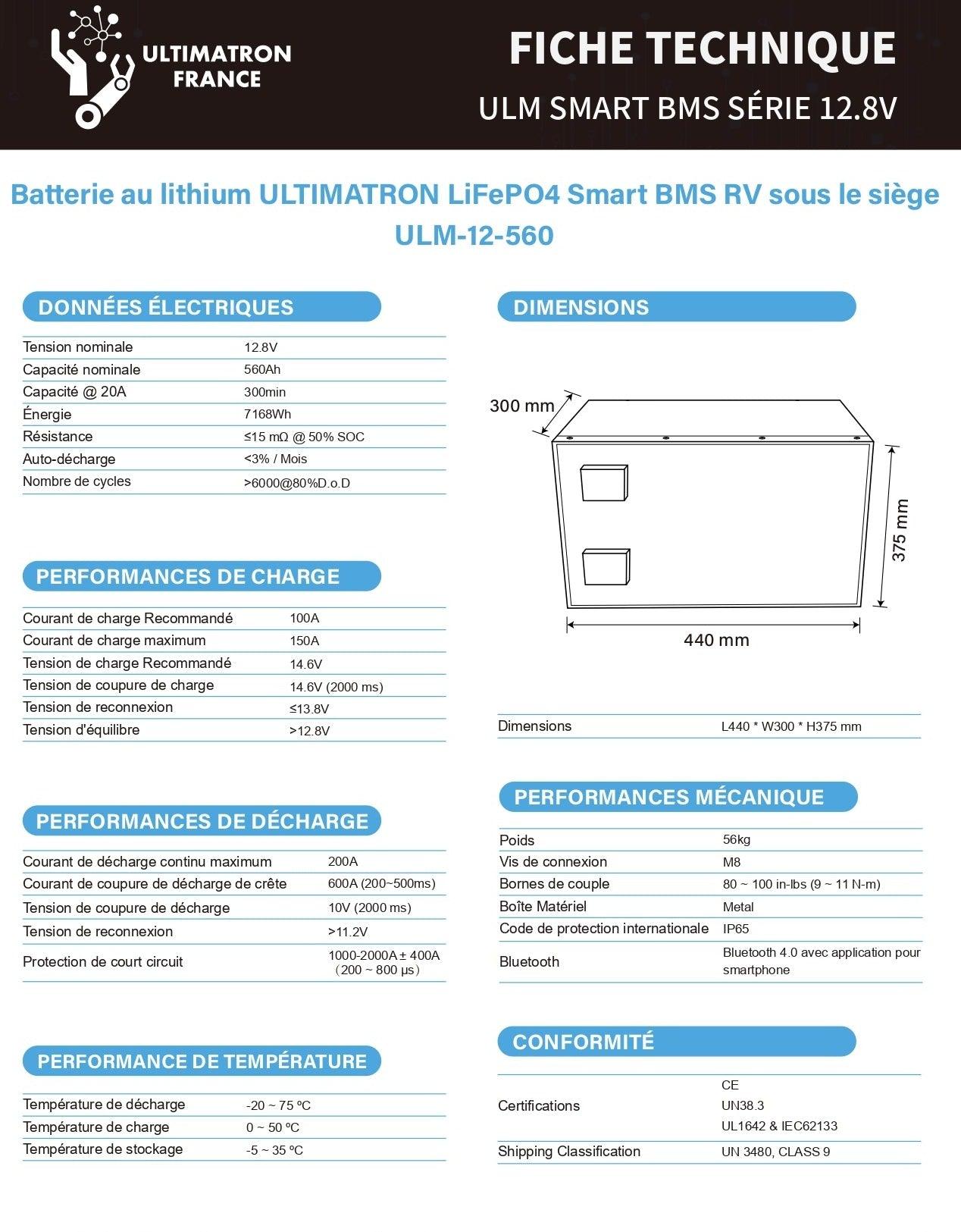 Batterie connectée Lithium LiFePO4 12V 560Ah, série ULM - Accessoires Energie