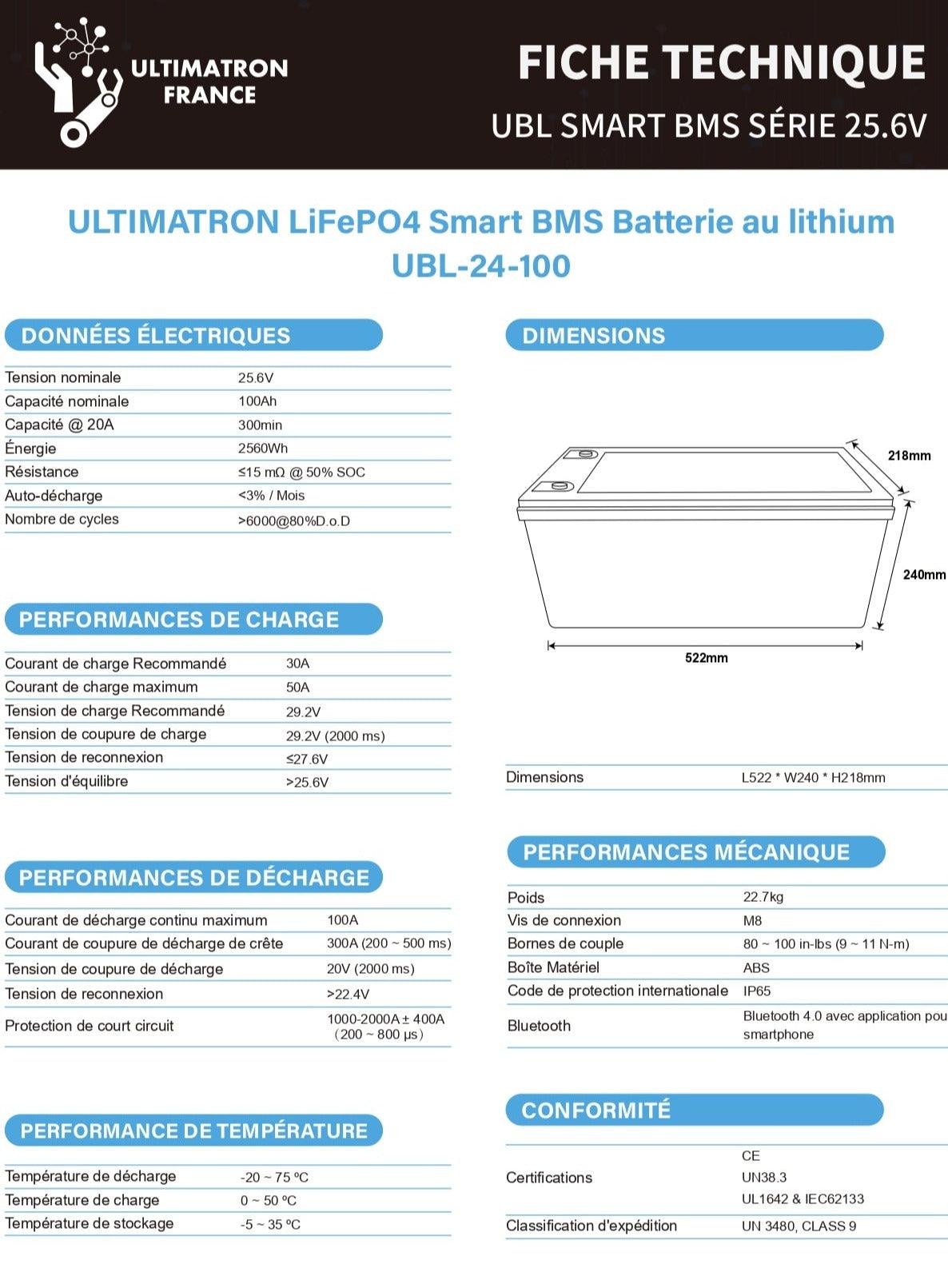 Batterie connectée Lithium LiFePO4 24V 100Ah, série UBL - Accessoires Energie