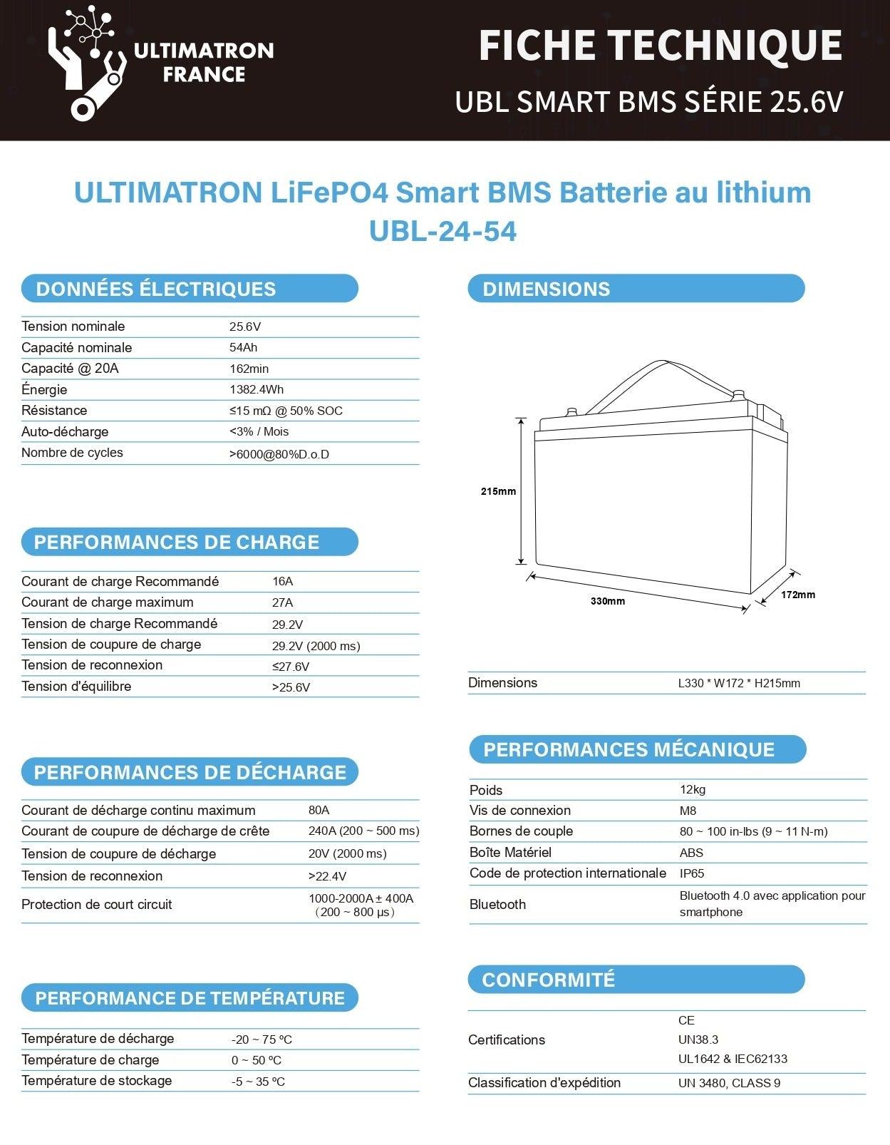 Batterie connectée Lithium LiFePO4 24V 54Ah, série UBL - Accessoires Energie