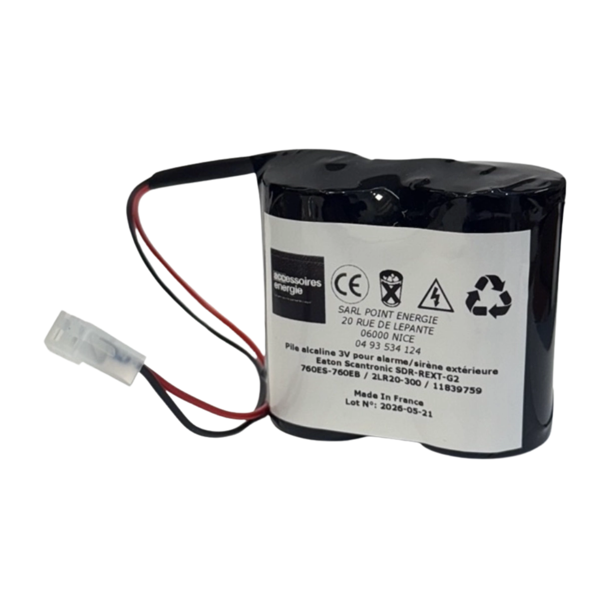 Pile alcaline 3V pour alarme/sirène extérieure Eaton Scantronic SDR-REXT-G2 760ES-760EB / 2LR20-300 / 11839759