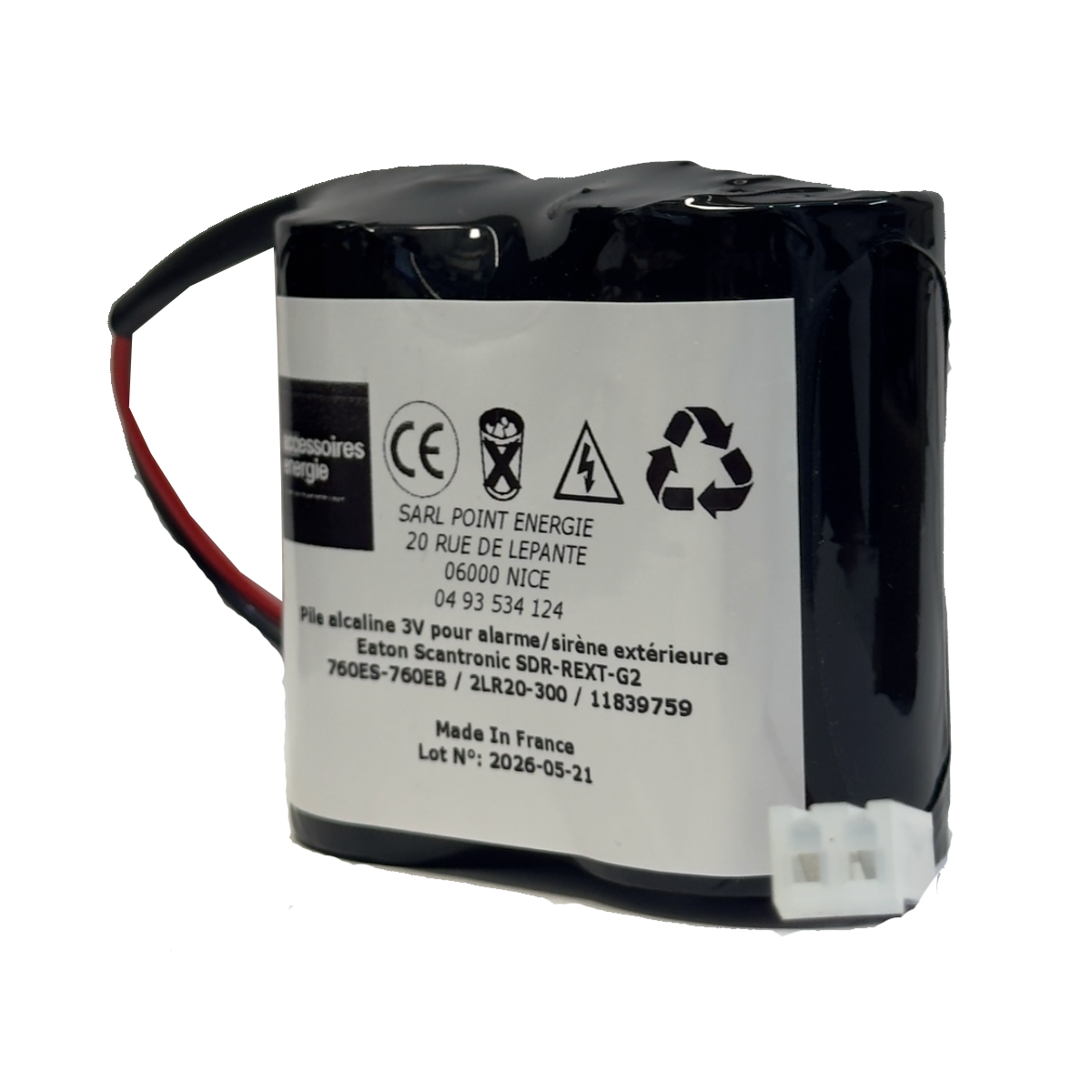 Pile alcaline 3V pour alarme/sirène extérieure Eaton Scantronic SDR-REXT-G2 760ES-760EB / 2LR20-300 / 11839759