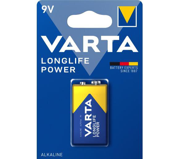 Pile alcaline 9V Varta Longlife Power sous blister, avec étiquette bleue et jaune.